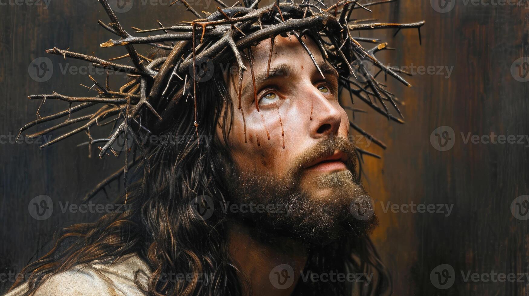 AI generated Generative AI, Jesus Christ in crown of thorns, photo close up