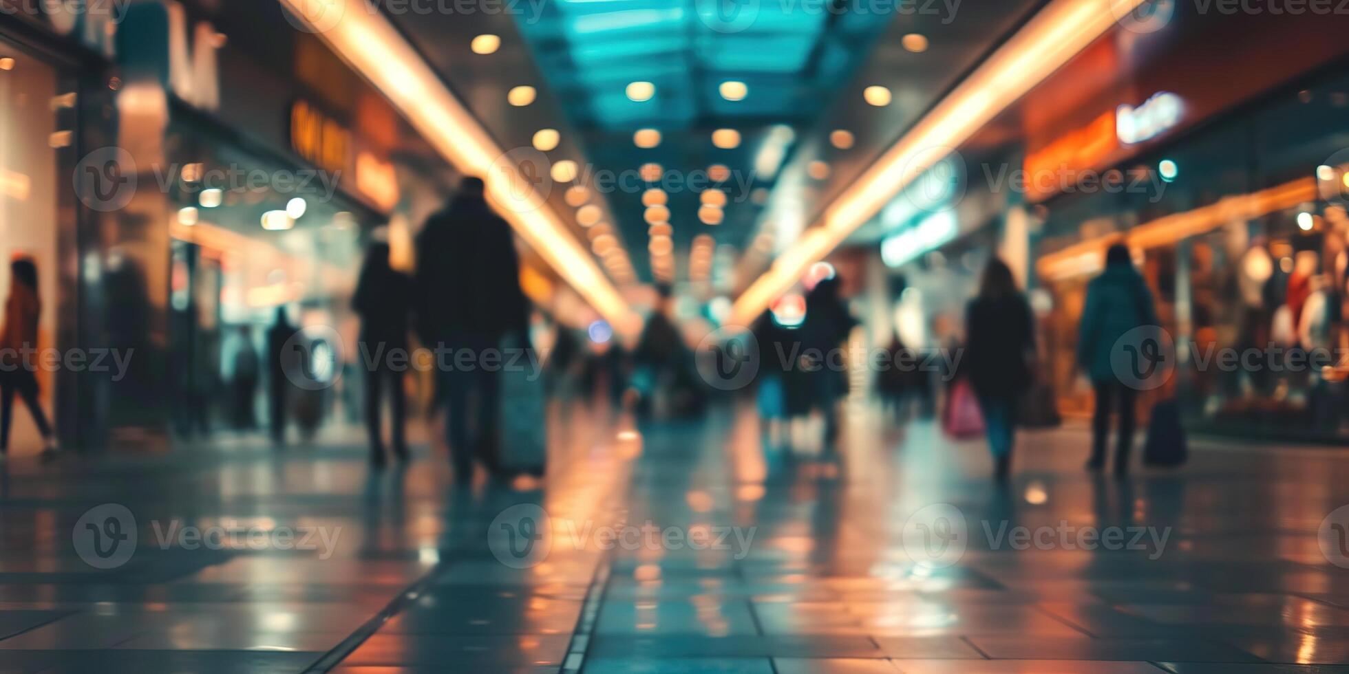 AI generated Generative AI, shopping mall with people, motion blur, blurred abstract background photo