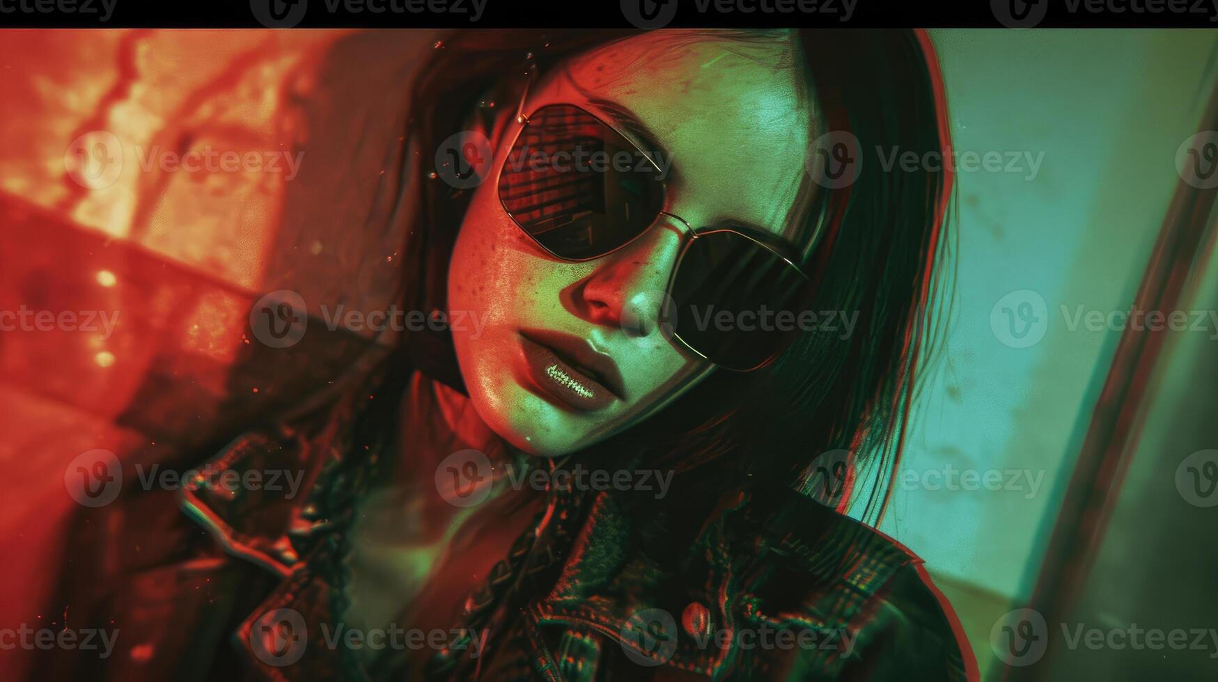 ai generado generativo ai, modelo mujer retrato en cyberpunk estilo, foto con dañado granoso textura