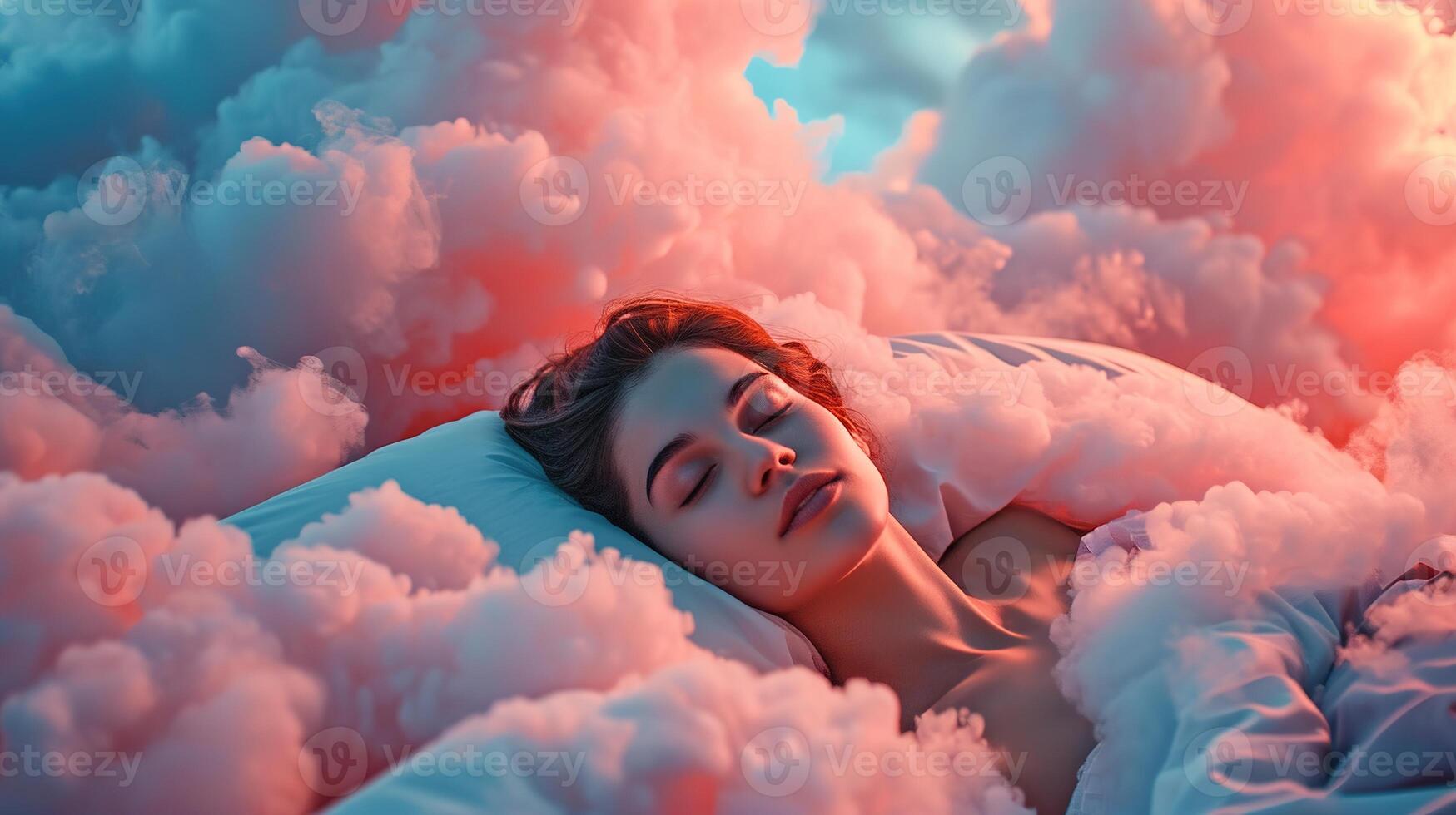 AI generated Generative AI, young woman are sleeping surrounded by fluffy cottony pink clouds in the sky photo