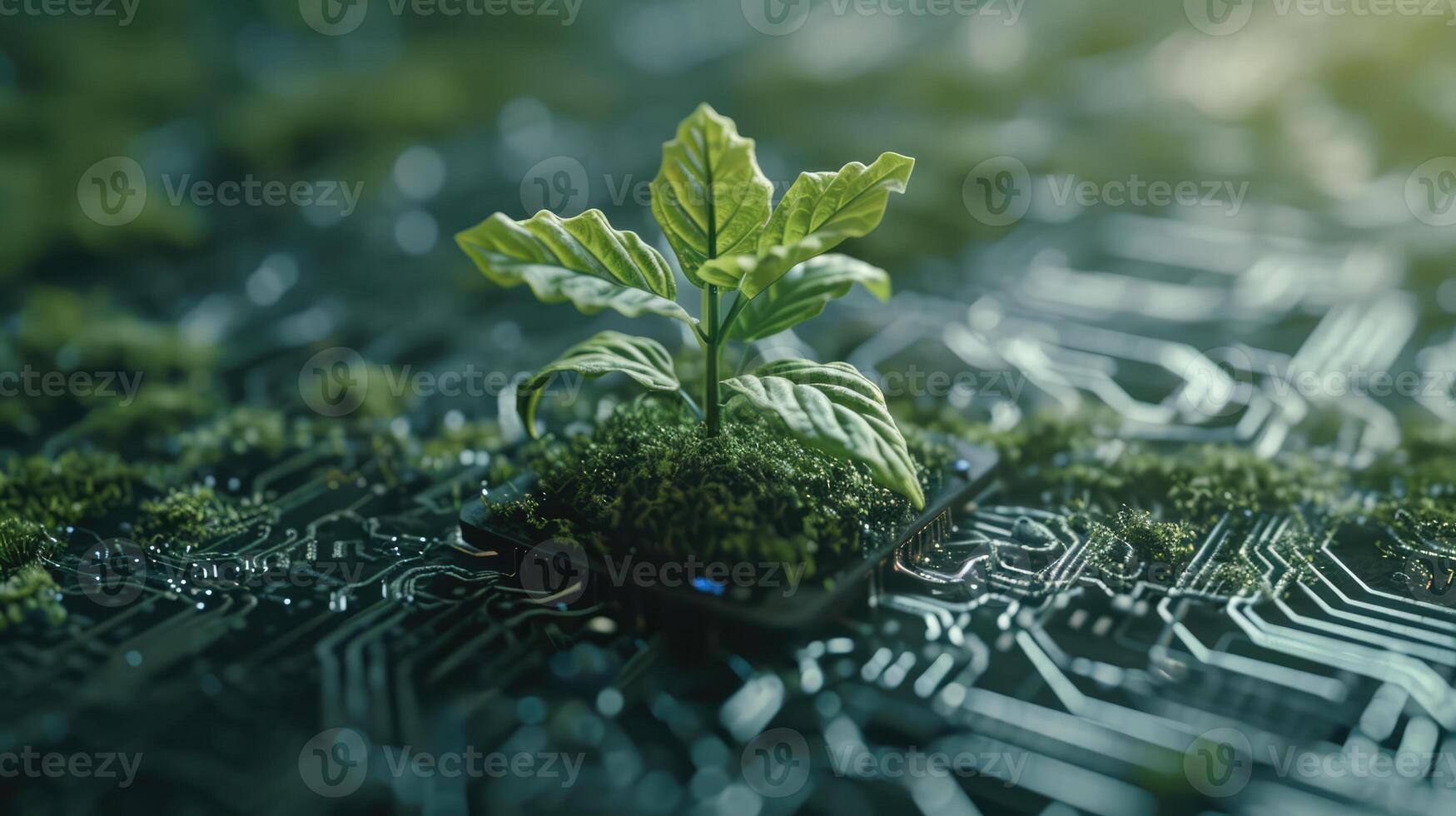 AI generated Generative AI, Plant growing from the circuit board. Ecology and environment concept photo