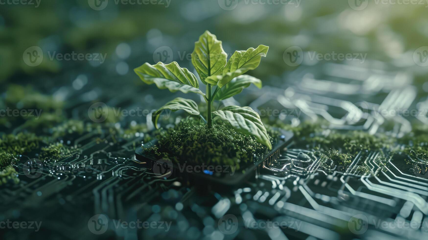 ai generado generativo ai, planta creciente desde el circuito tablero. ecología y ambiente concepto foto