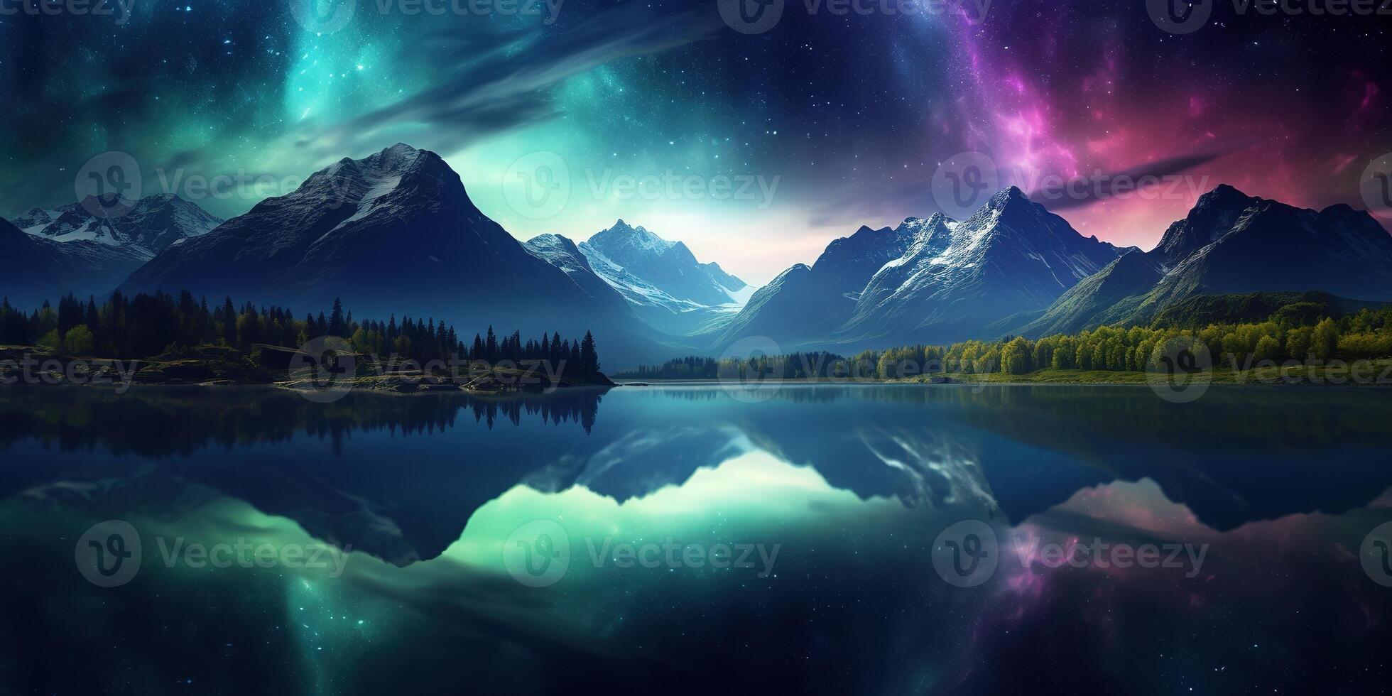 AI generated Generative AI, Green and pink northern lights above snowy mountains, winter landscape, aurora and reflection on the water surface photo