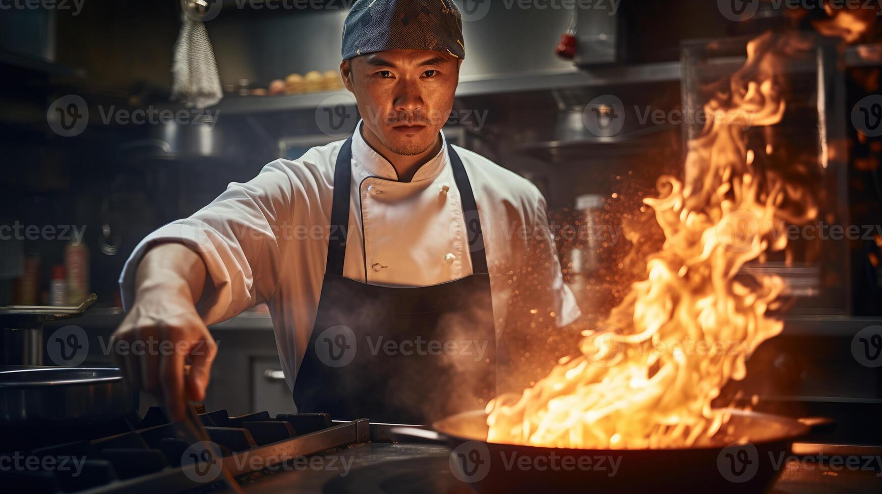 AI generated Generative AI, chef is cooking with steaming hot pan, busy restaurant kitchen photo