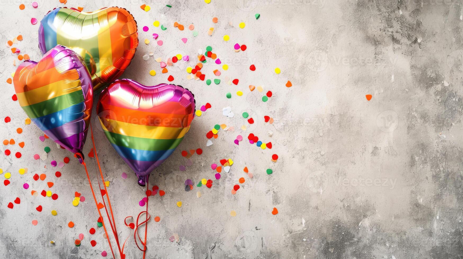 AI generated Generative AI, Foil LGBT rainbow flag colors balloons in heart shape and confetti for Valentine's day or wedding with copy space photo