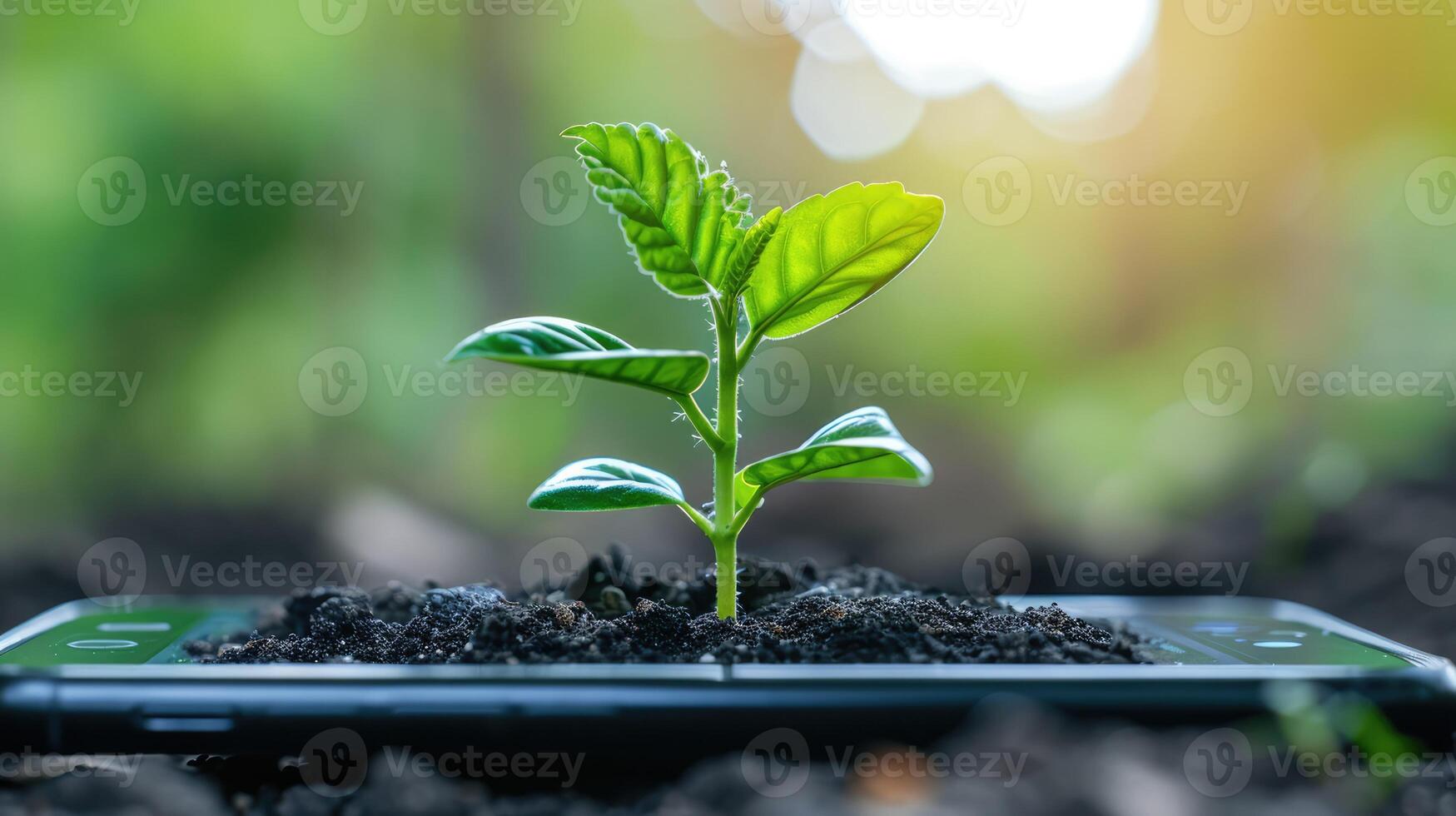 AI generated Generative AI, Plant growing from the smartphone screen. Ecology and environment concept photo