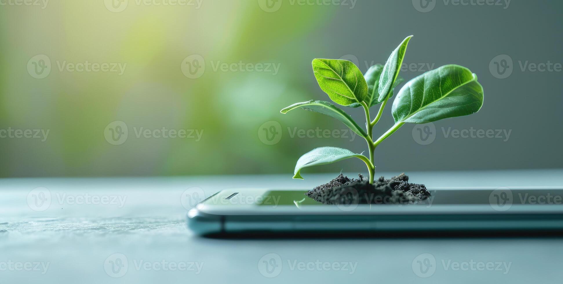 AI generated Generative AI, Plant growing from the smartphone screen. Ecology and environment concept photo
