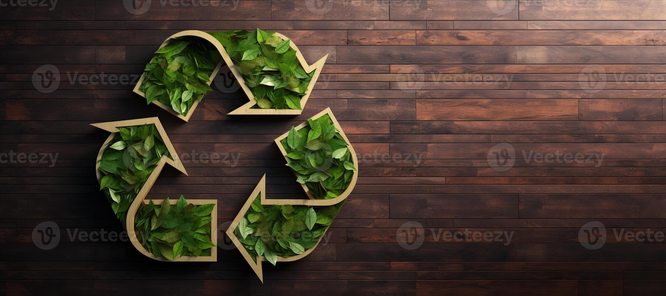 AI generated Generative AI, A recycling green sign made of wood and leaves, zero waste, reuse concept. photo