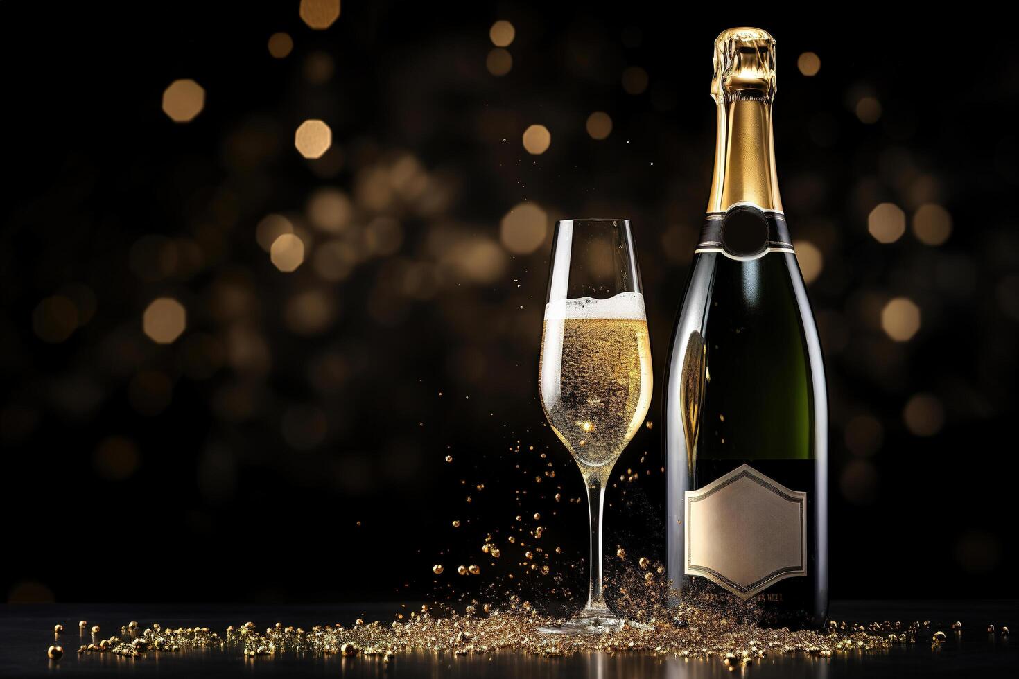 AI generated Generative AI, Golden champagne bottle mockup with glass on dark background, golden lights and confetti photo