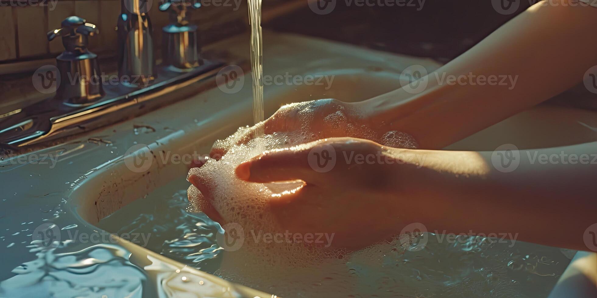 ai generado generativo ai, persona Lavado manos con jabón y agua a hundir, higiene concepto foto