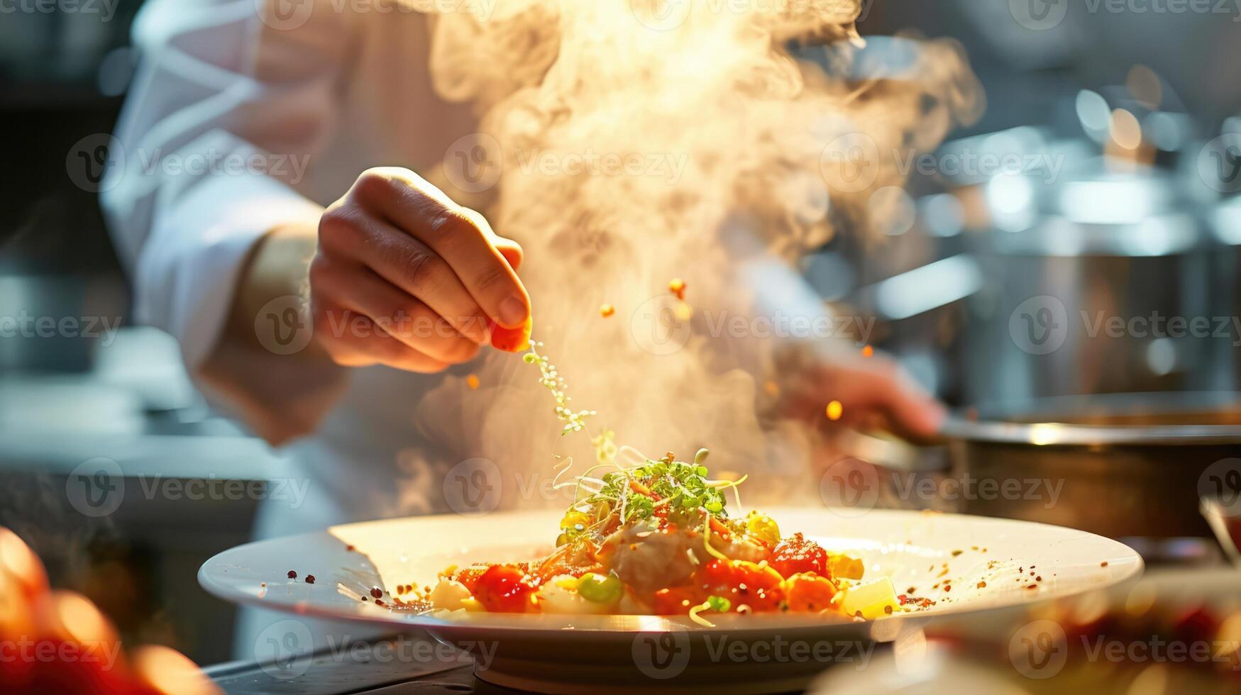 AI generated Generative AI, chef is cooking with steaming hot pan, busy restaurant kitchen photo