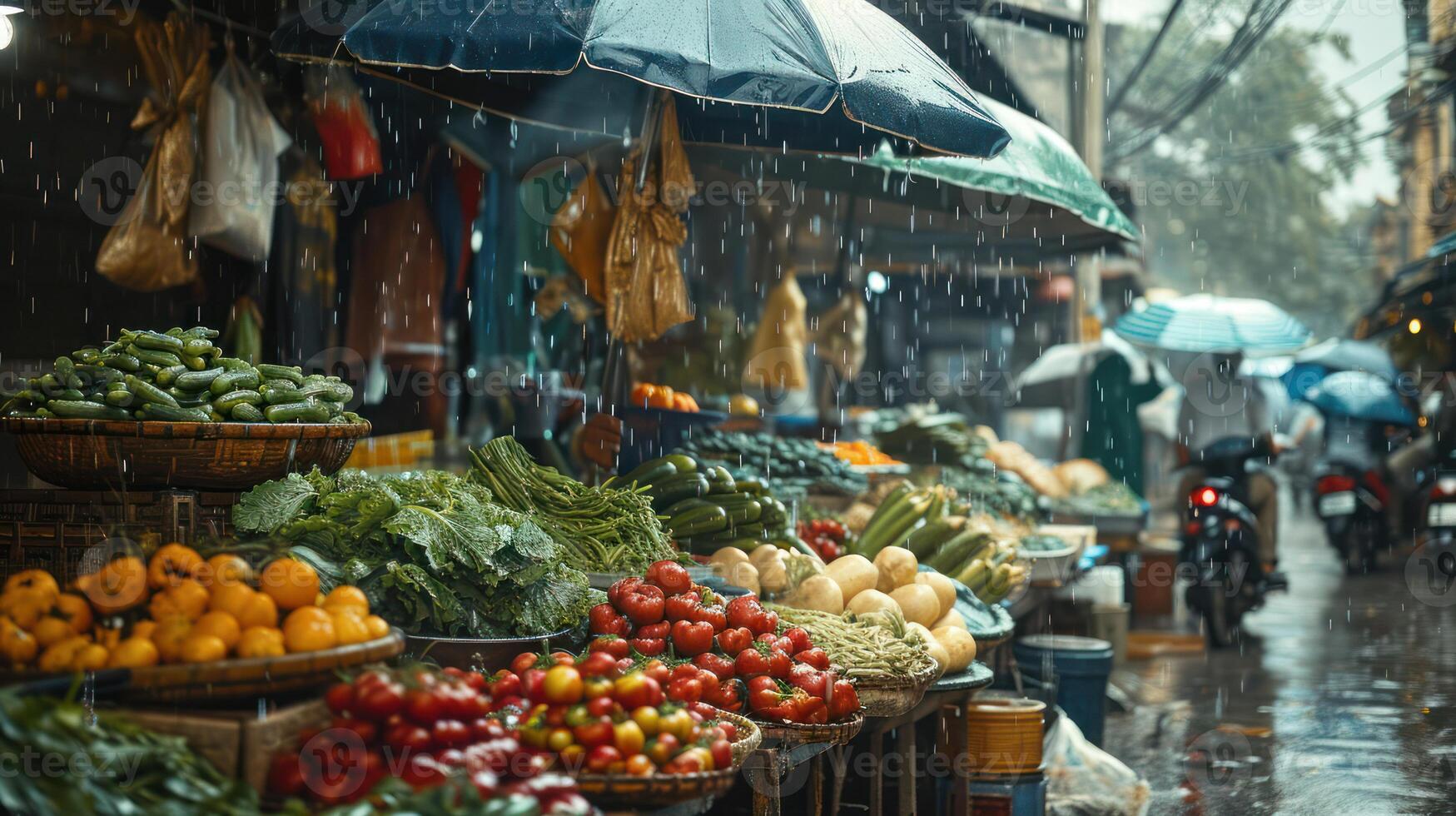 AI generated Generative AI, Traditional oriental asian market with fruits and vegetables under the rain with umbrellas photo