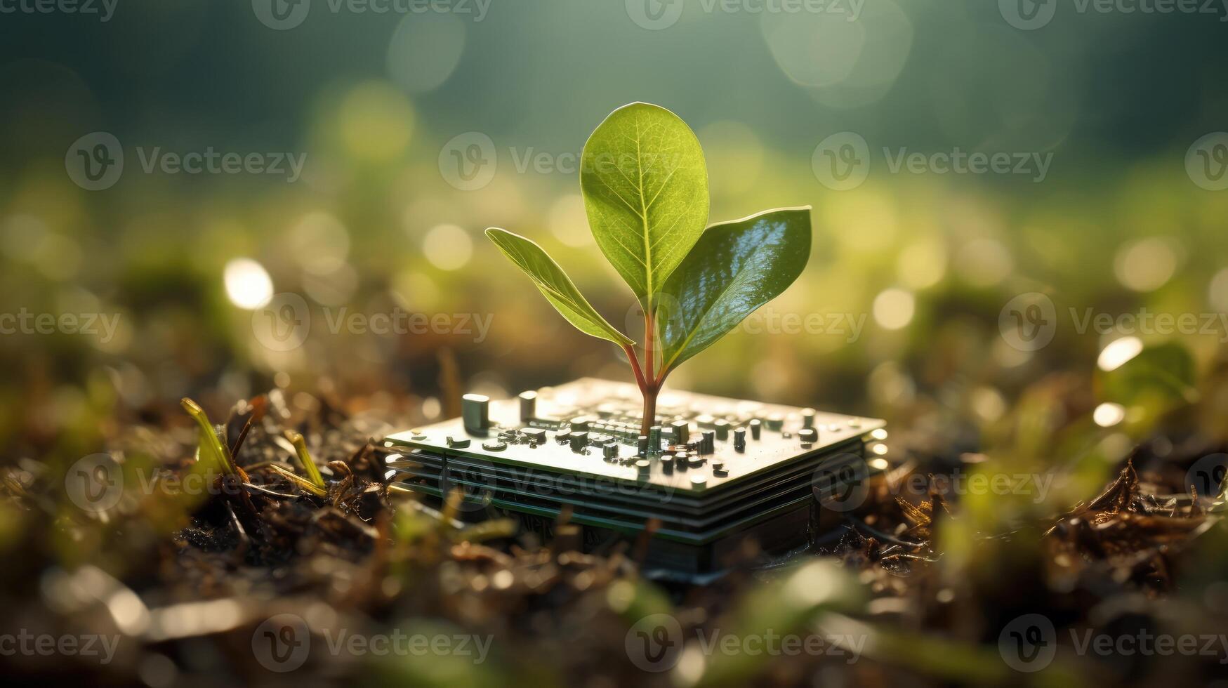 AI generated Generative AI, Plant growing from the circuit board. Ecology and environment concept photo