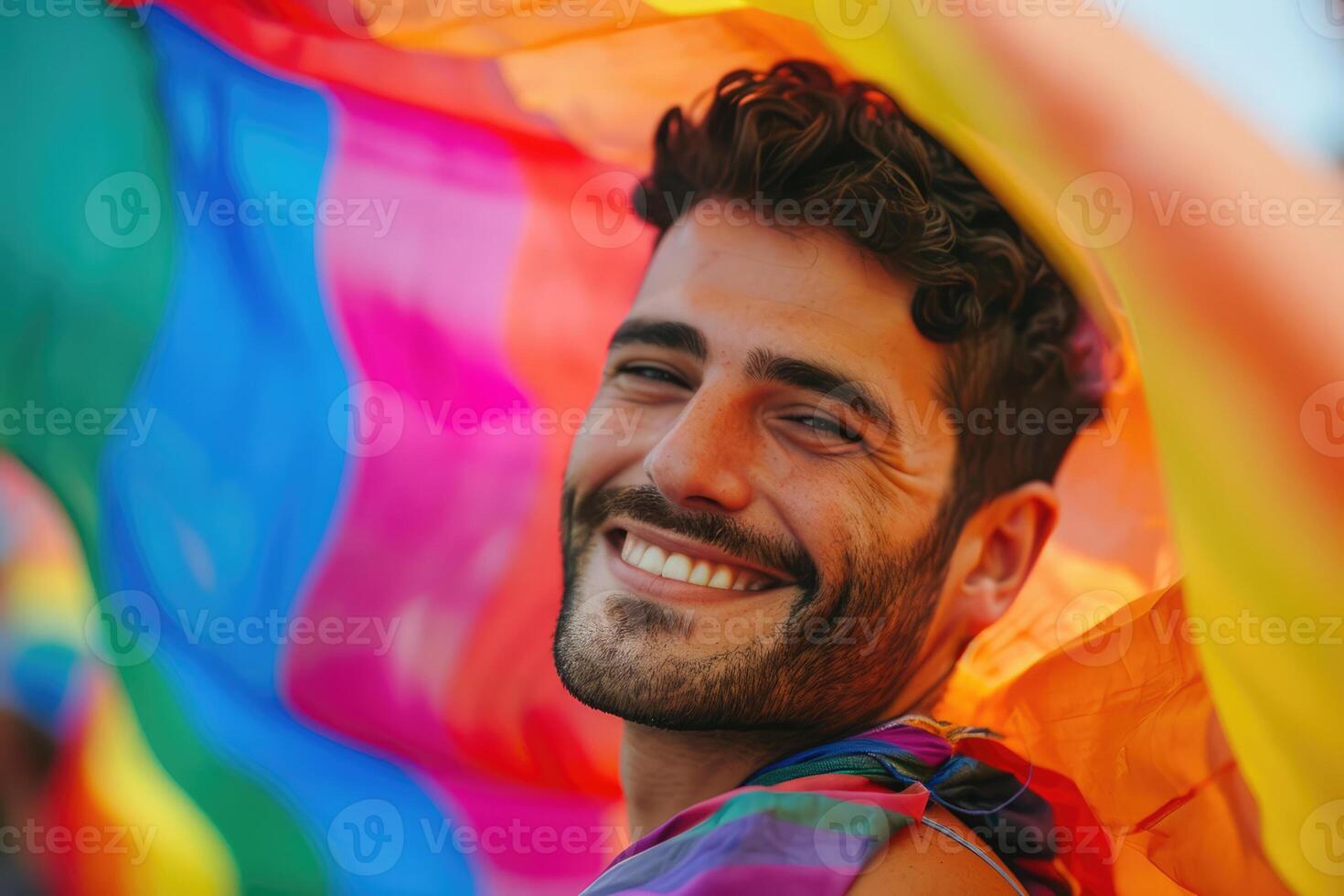 AI generated Generative AI, gay man smiling with rainbow flag, LGBT people walking in the street during the gaypride pride photo