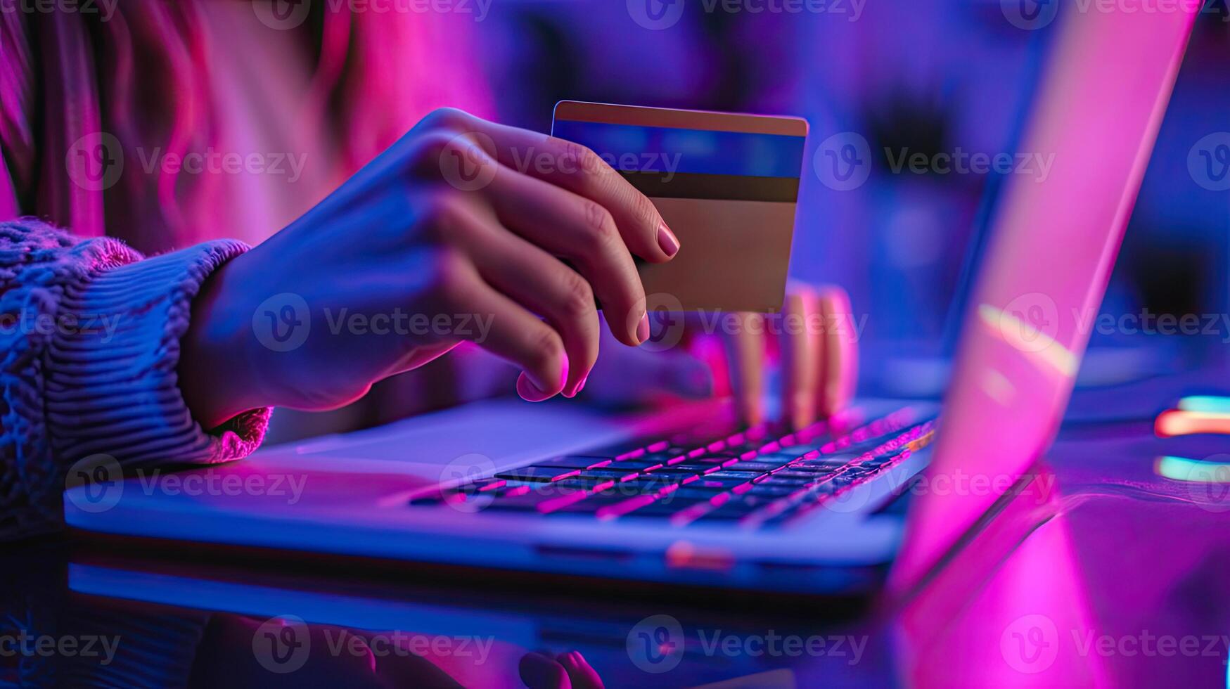 AI generated Generative AI, person using laptop computer for online shopping at home, hand holding credit card, online shopping concept photo