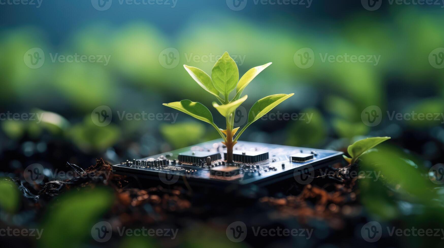 AI generated Generative AI, Plant growing from the circuit board. Ecology and environment concept photo