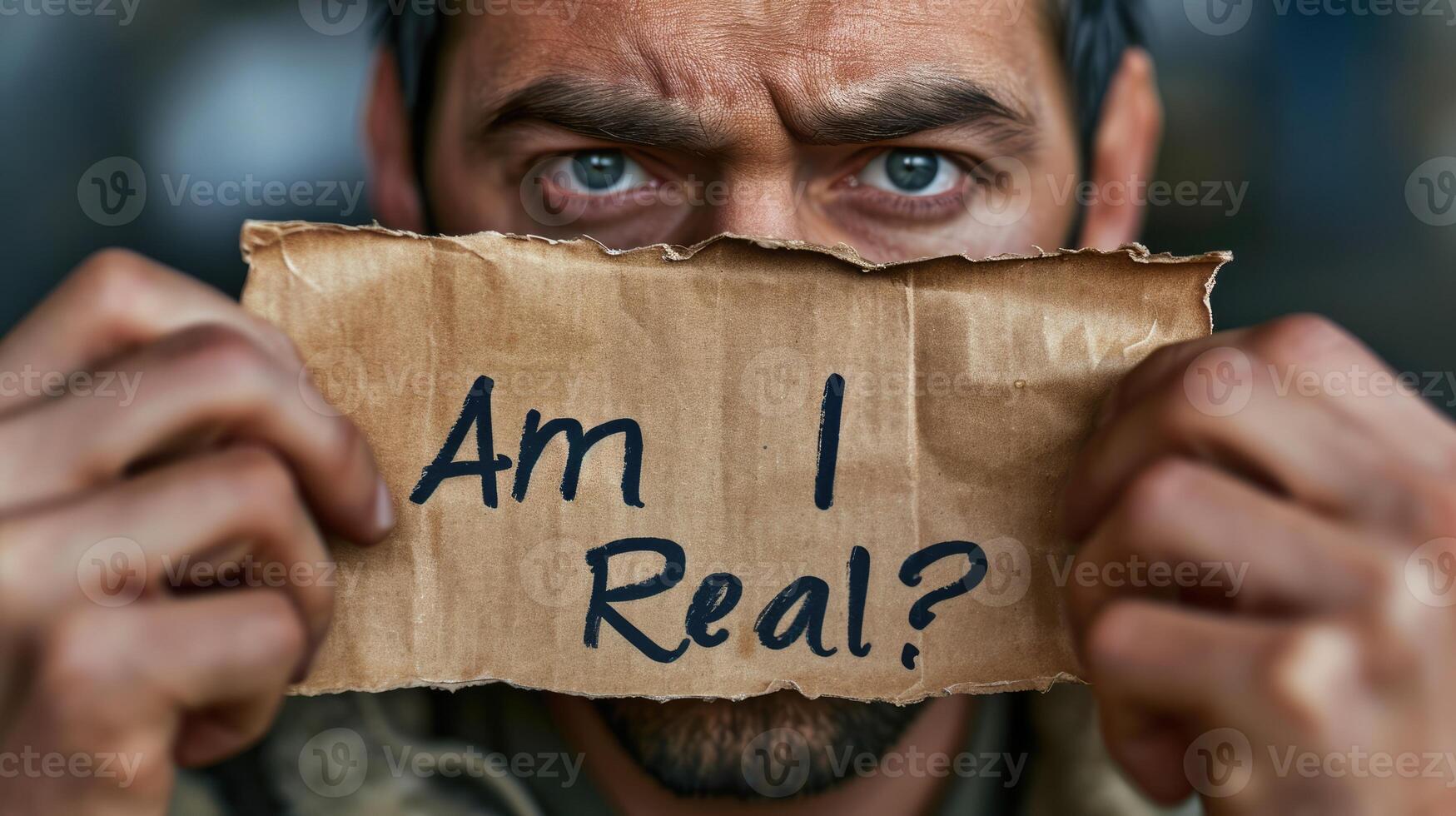 AI generated Generative AI, Handsome man is holding a piece of paper with question Am I Real photo