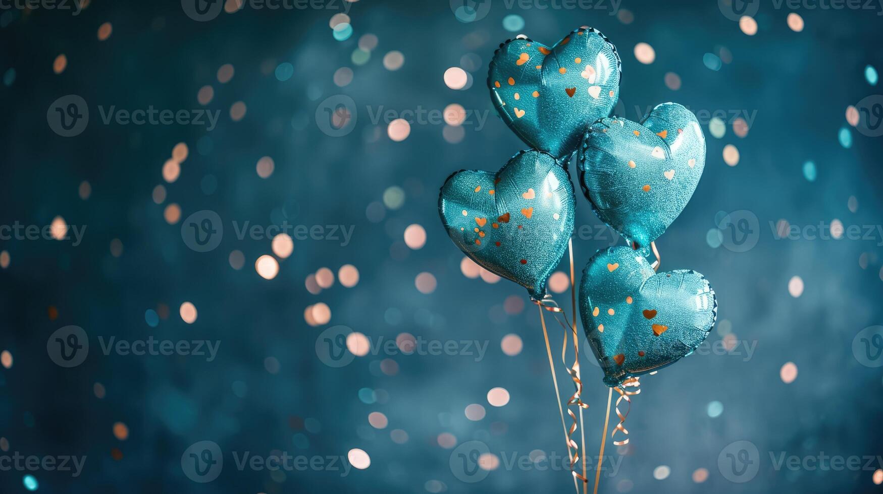 AI generated Generative AI, Foil blue balloons in heart shape and confetti for Valentine's day or wedding with copy space photo