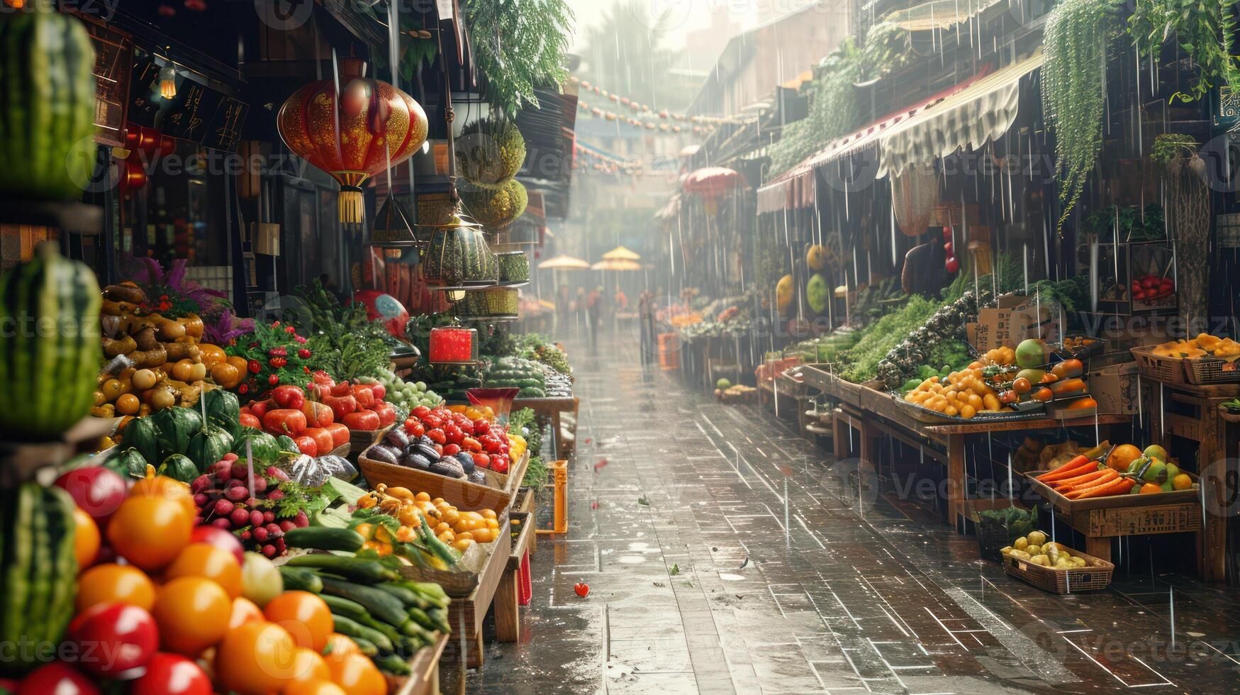 ai generado generativo ai, tradicional oriental asiático mercado con frutas y vegetales debajo el lluvia con paraguas foto