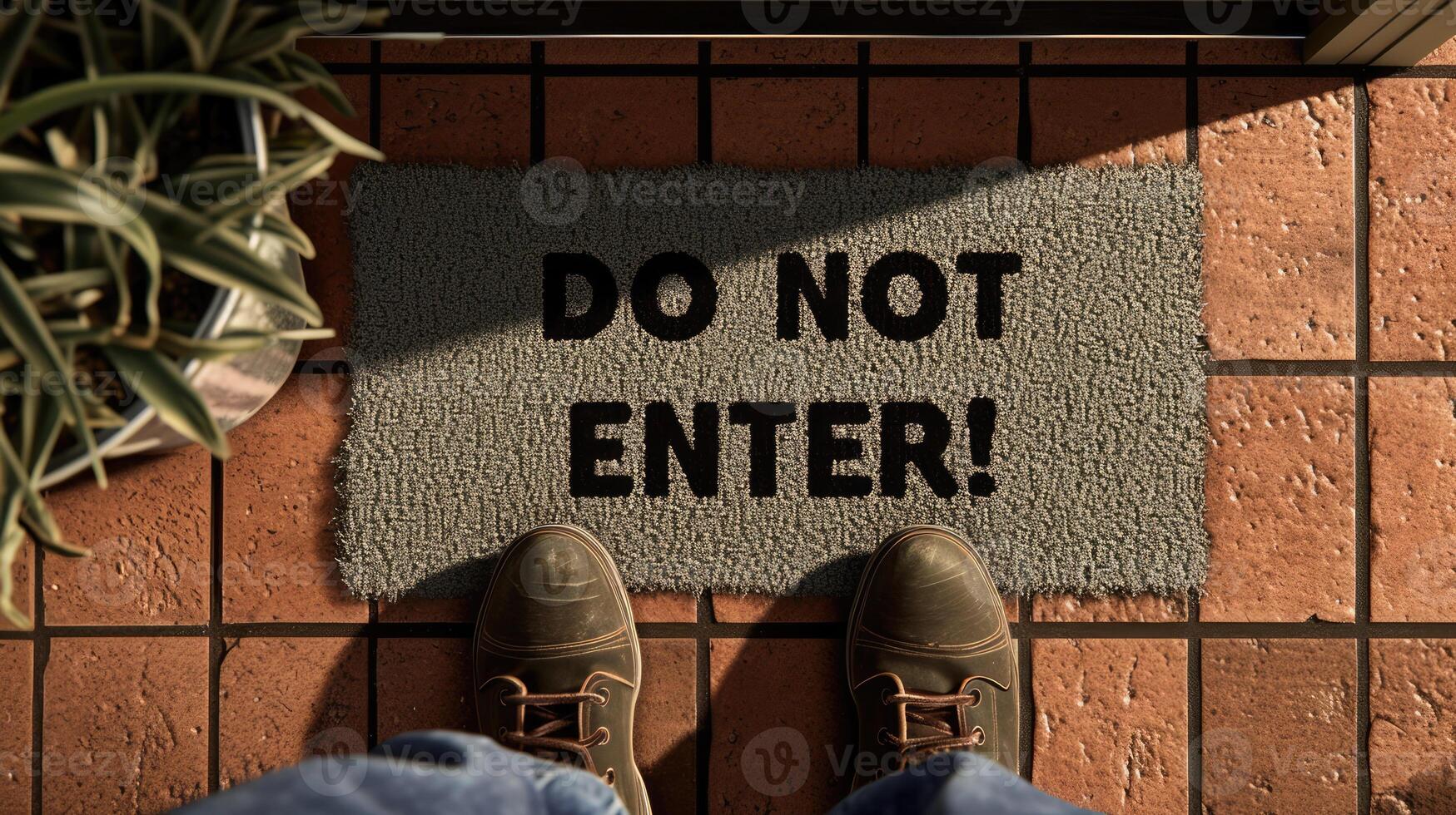 AI generated Generative AI, Overhead view of mat outside with phrase Do Not Enter Unwelcoming words photo