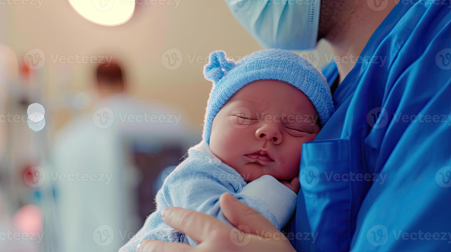 AI generated Generative AI, Pediatrician doctor holding a newborn baby in hospital, concept of childbirth and healthcare professionals photo