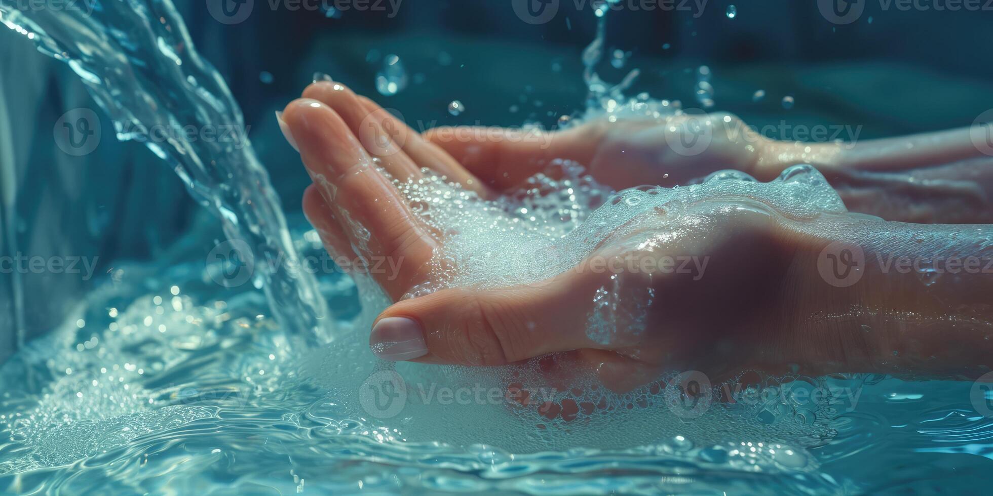 AI generated Generative AI, person washing hands with soap and water at sink, hygiene concept photo