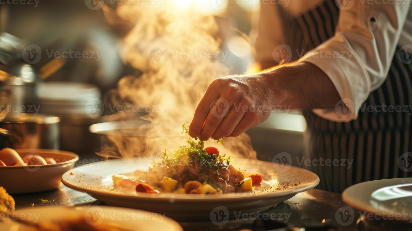 AI generated Generative AI, chef is cooking with steaming hot pan, busy restaurant kitchen photo