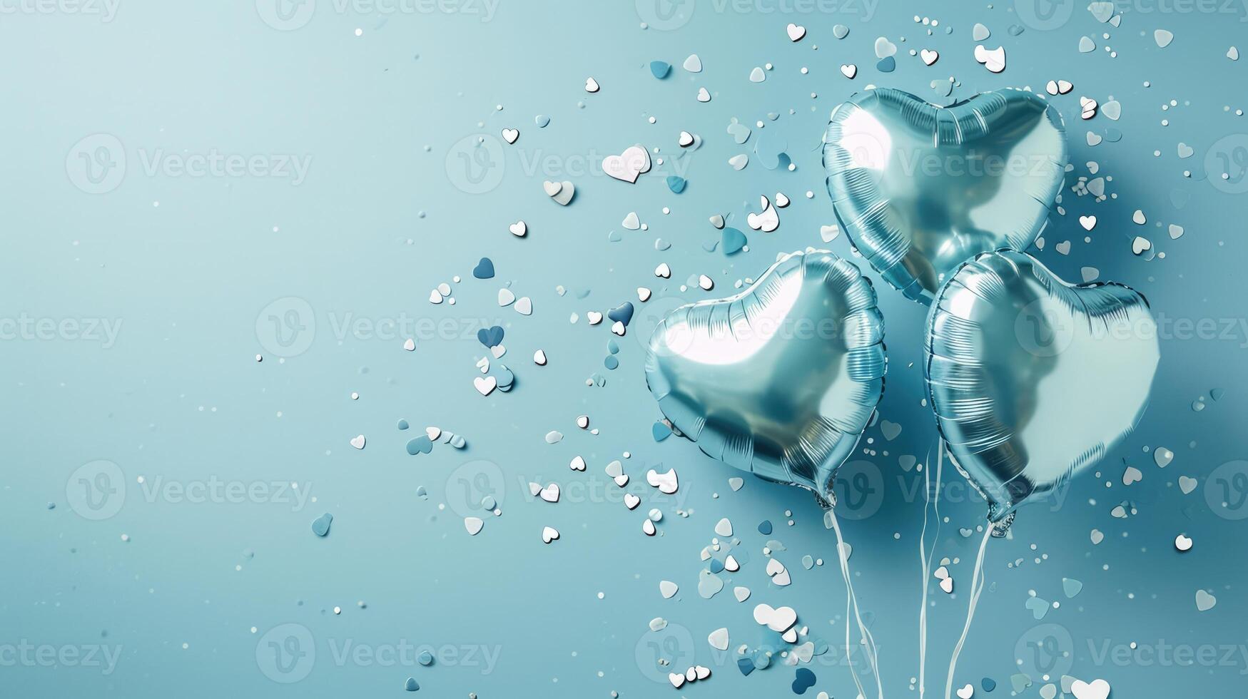 AI generated Generative AI, Foil blue balloons in heart shape and confetti for Valentine's day or wedding with copy space photo