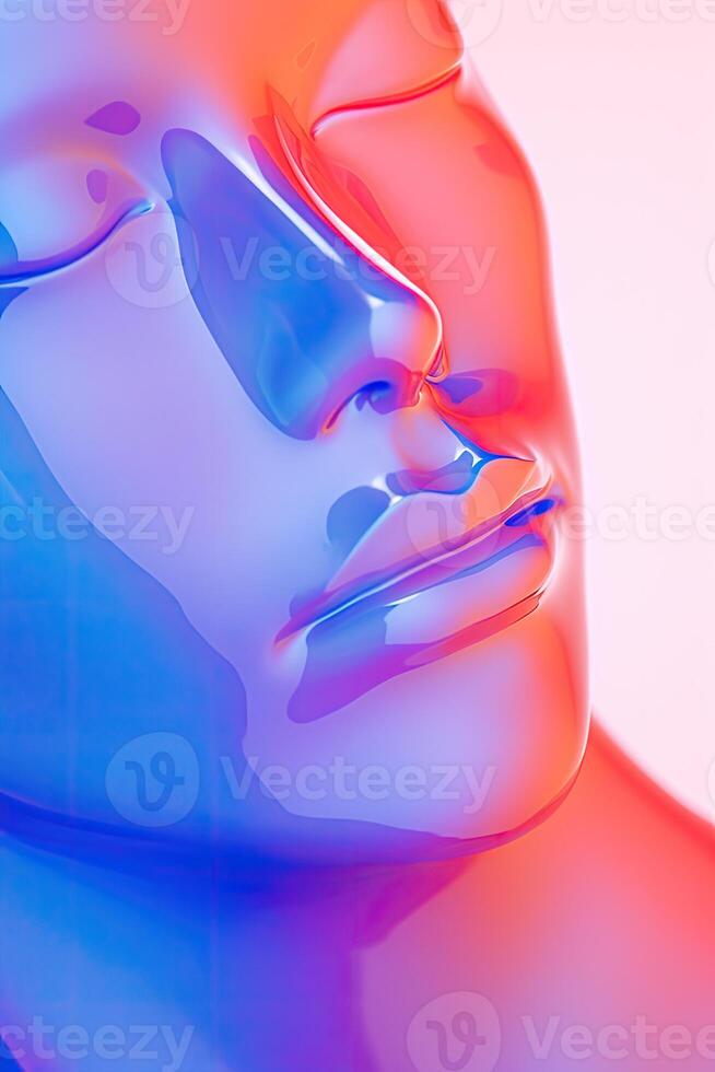 AI generated Generative AI, woman face in iridescent colors liquid, fluid, futuristic alien style, closeup photo