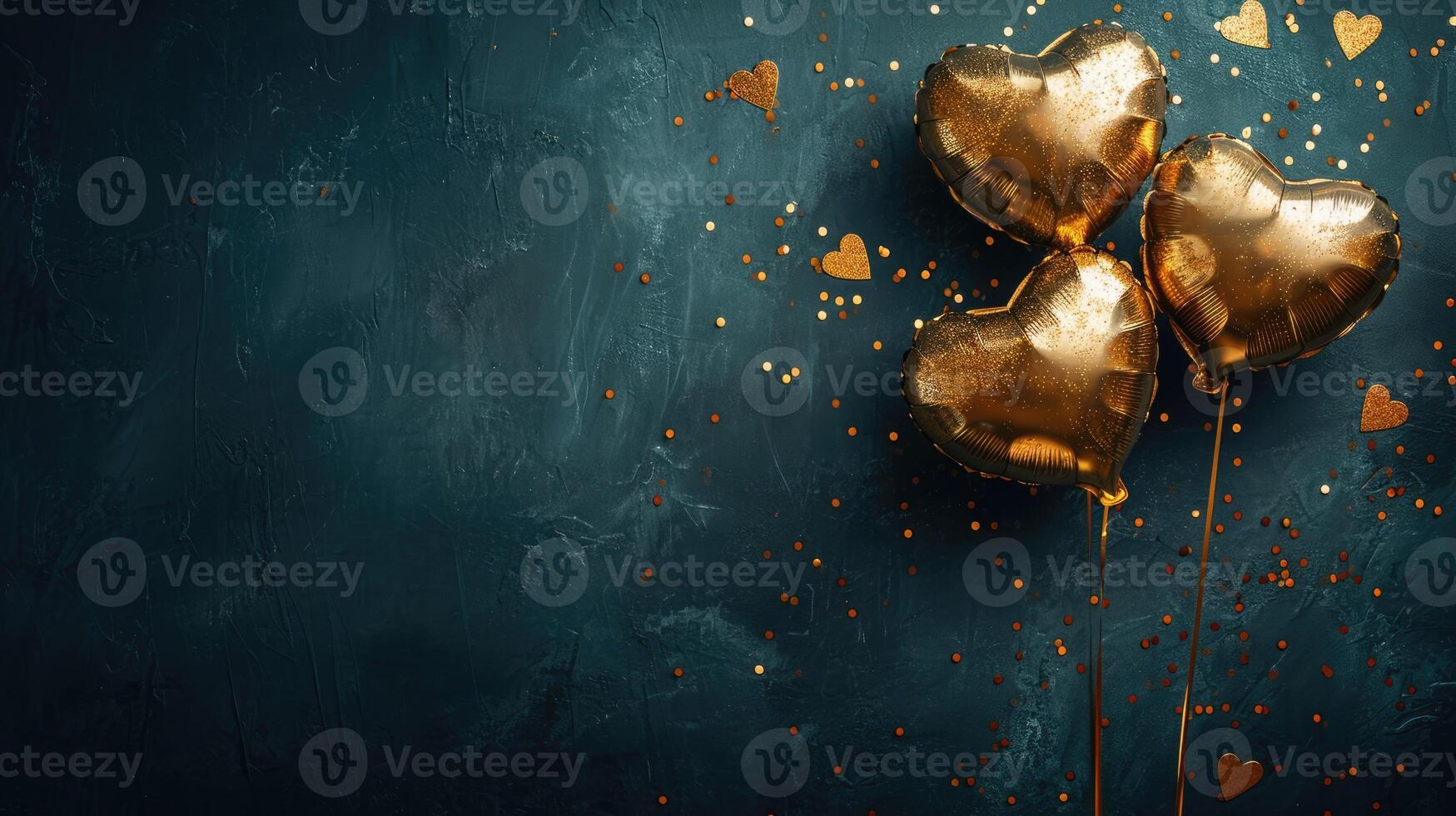 AI generated Generative AI, Foil golden balloons in heart shape and confetti for Valentine's day or wedding with copy space photo