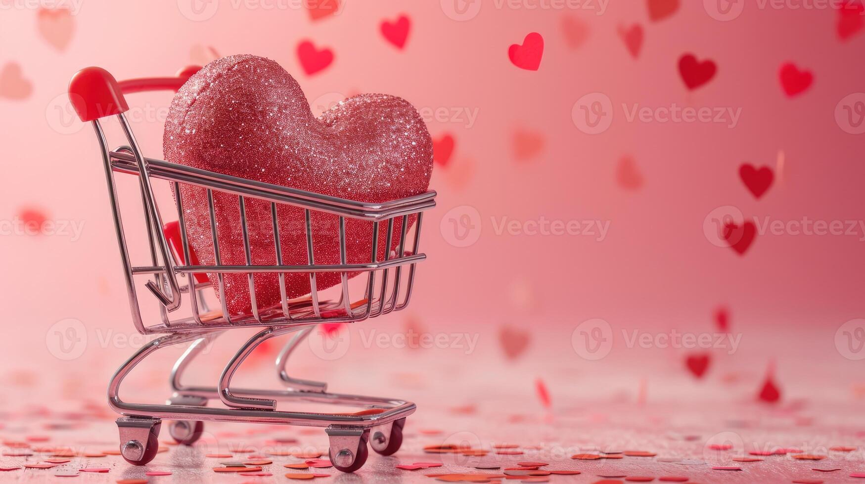 AI generated Generative AI, shopping cart with big heart inside, Valentine day concept, discount and sale. photo