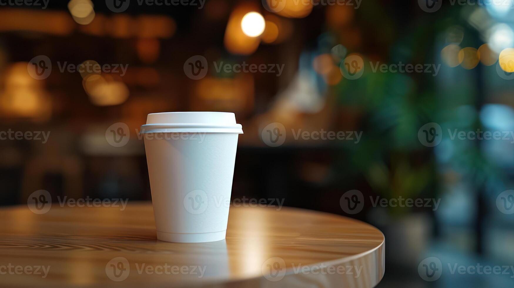 AI generated Generative AI, White paper cup on the table in the coffee shop interior, mug mock up blank. photo