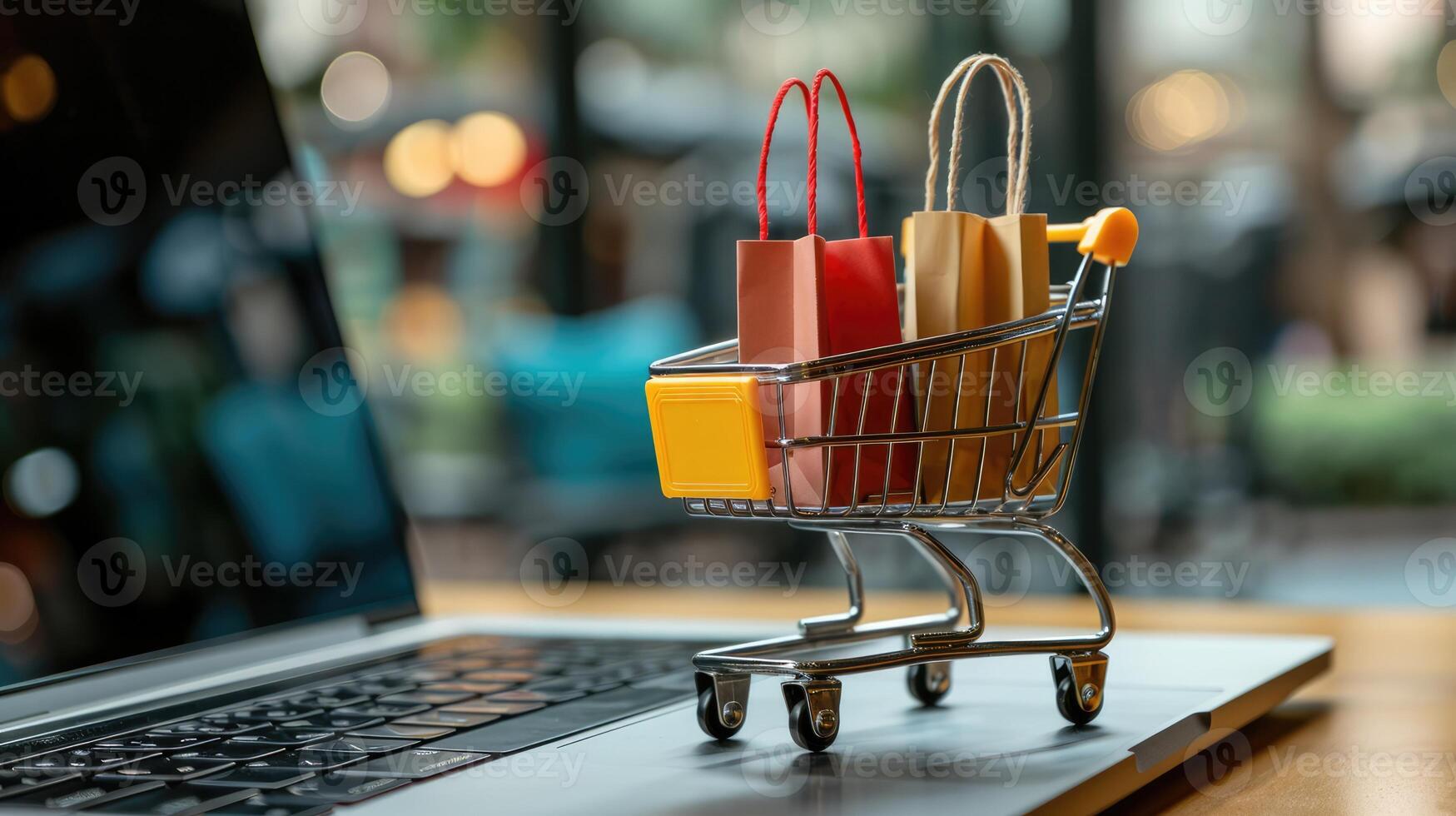 AI generated Generative AI, shopping cart with shopping bags standing on laptop keyboard, shop online, free delivery, discounts and sale concept. photo