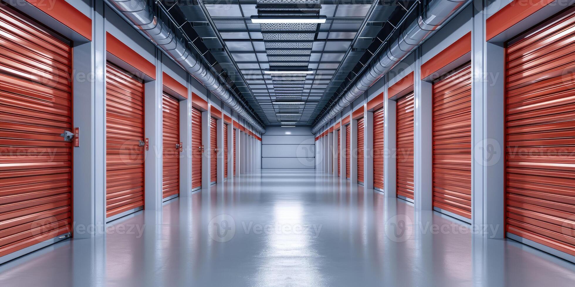 AI generated Generative AI, Mini metal self storage facilities rental units, warehouse exterior, industry garage building. photo