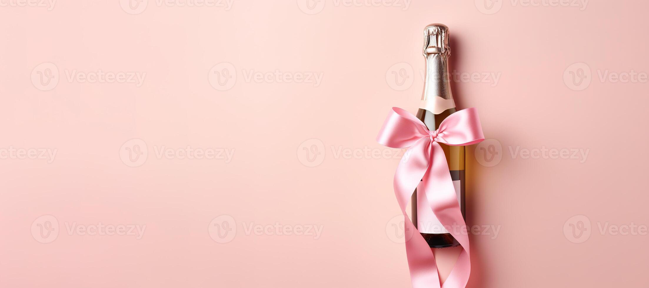 AI generated Generative AI, Pink champagne bottle mockup with bow on pink background photo