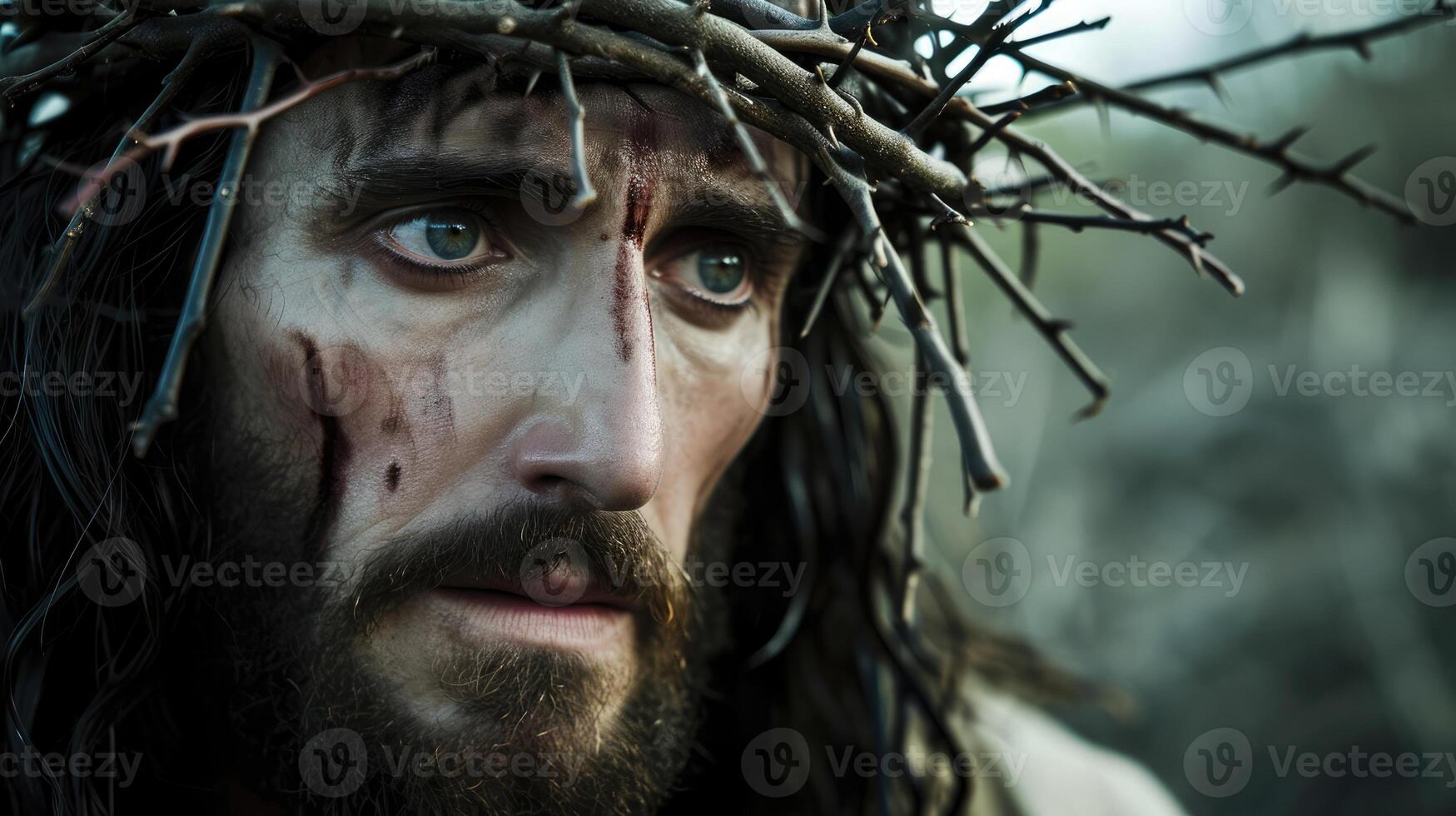 AI generated Generative AI, Jesus Christ in crown of thorns, photo close up