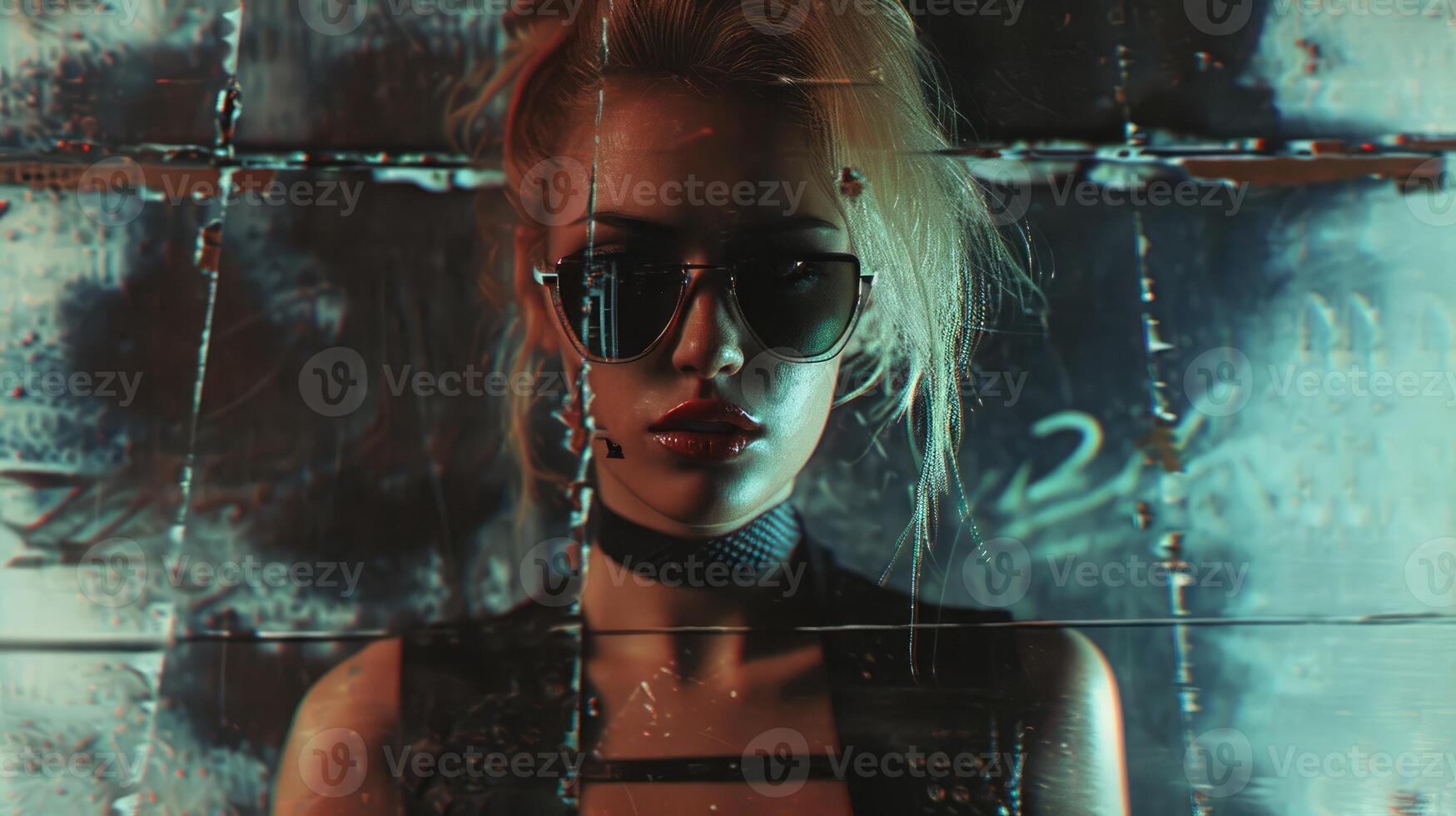 AI generated Generative AI, Model woman portrait in cyberpunk style, photo with damaged grainy texture