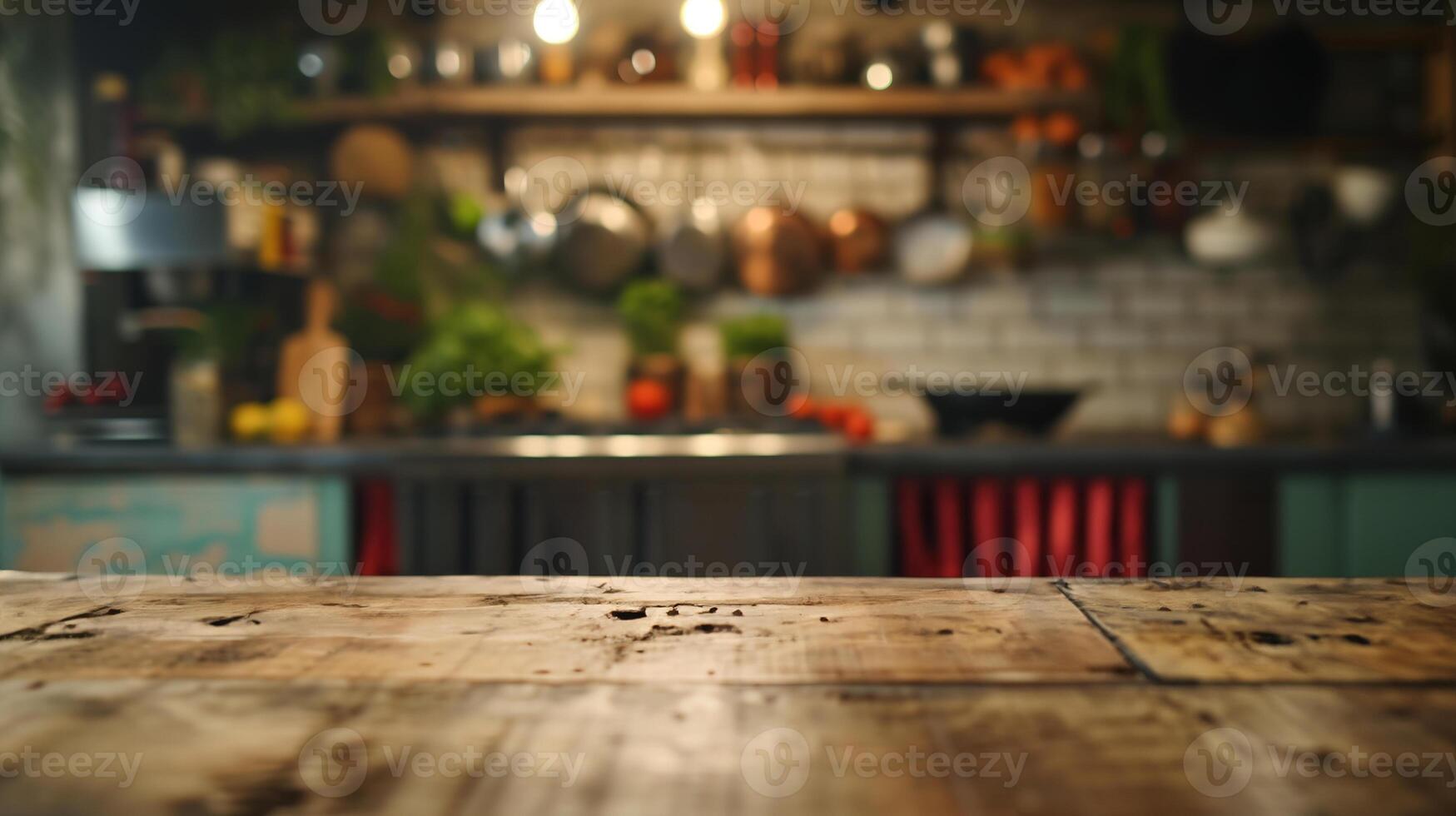 AI generated Generative AI, empty wooden tabletop on blurred modern kitchen background with copy space photo