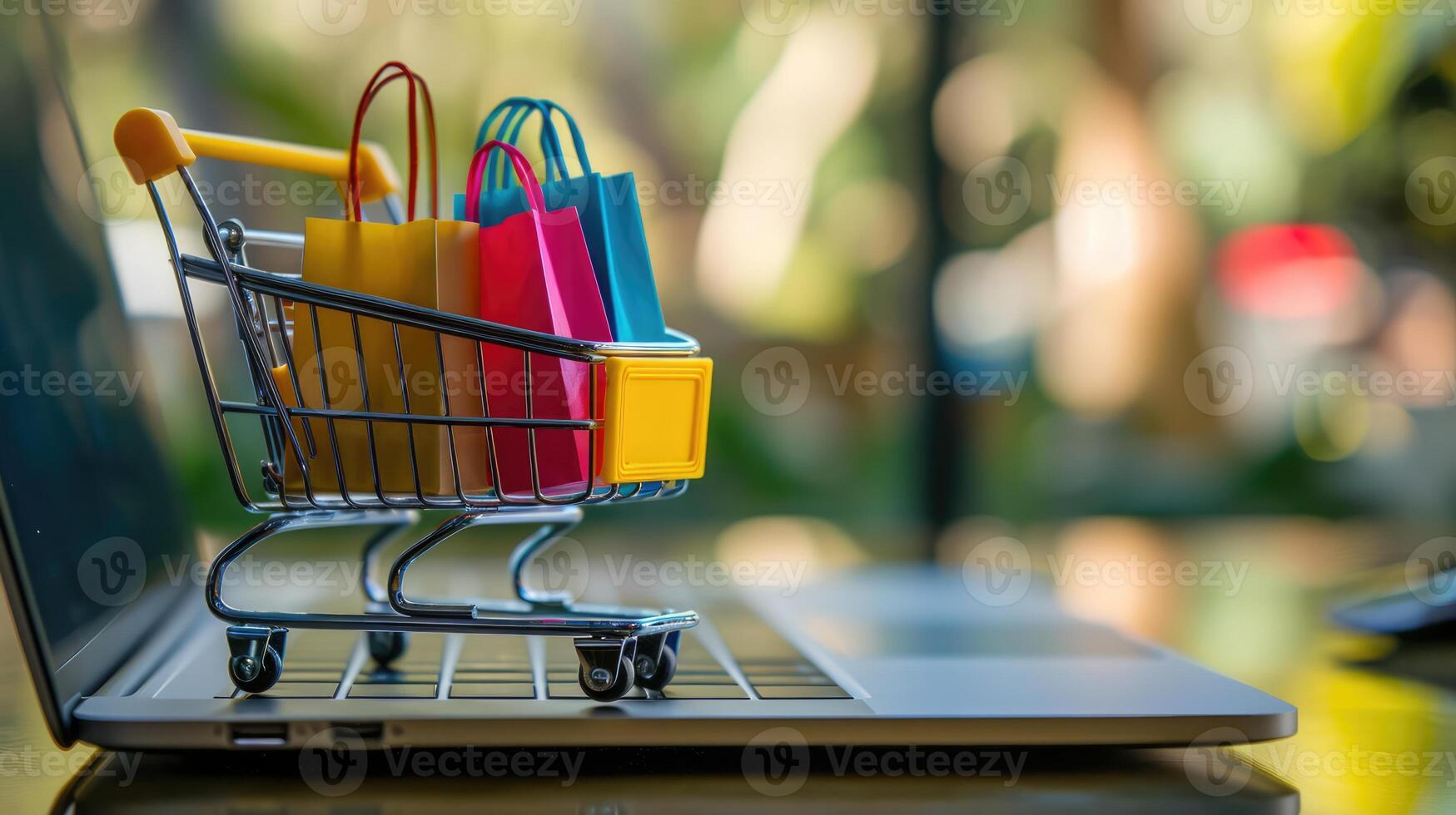 AI generated Generative AI, shopping cart with shopping bags standing on laptop keyboard, shop online, free delivery, discounts and sale concept. photo