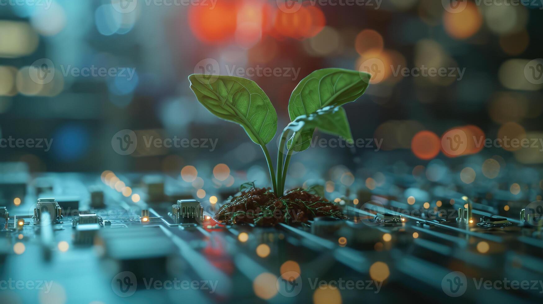 AI generated Generative AI, Plant growing from the circuit board. Ecology and environment concept photo