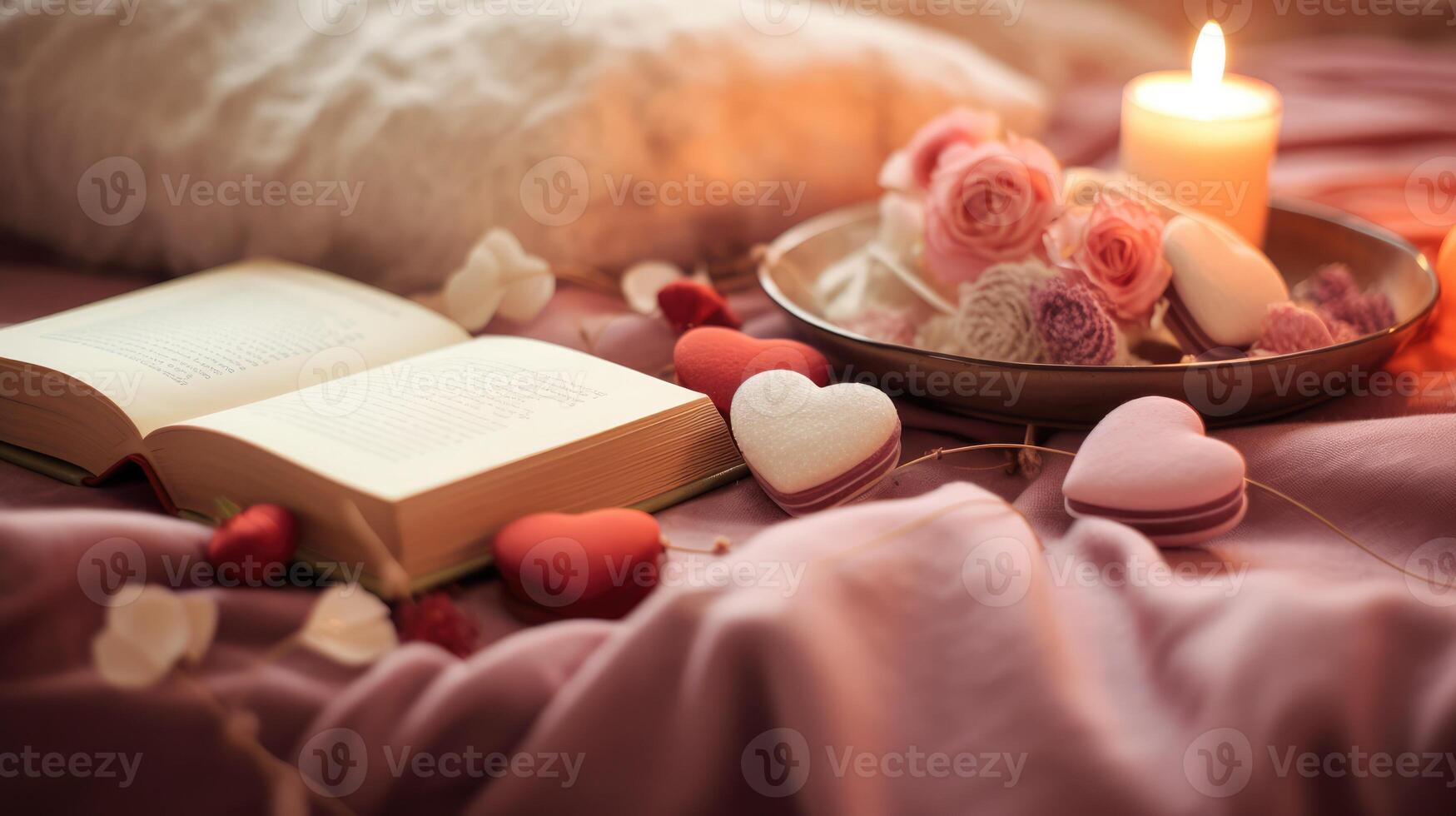 AI generated Generative AI, Valentine's Day home interior decoration close up, muted colors, holiday photorealistic aesthetic background photo