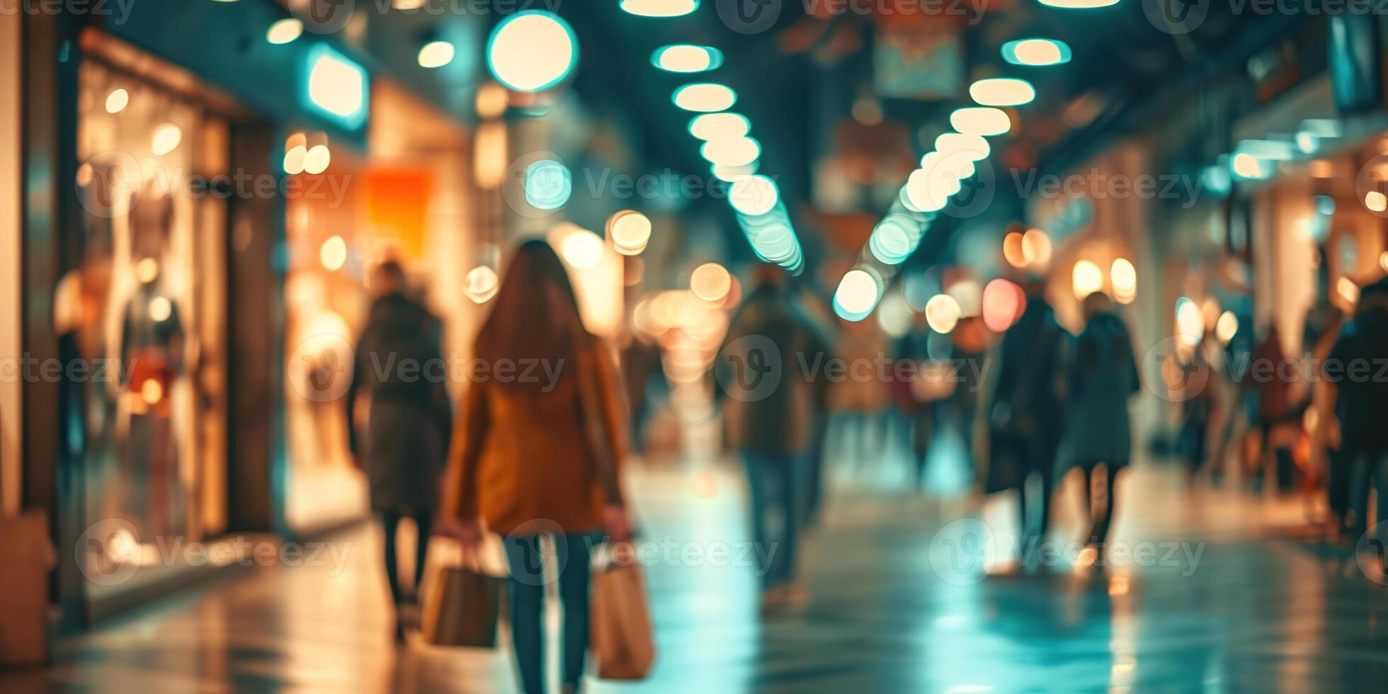 AI generated Generative AI, shopping mall with people, motion blur, blurred abstract background photo