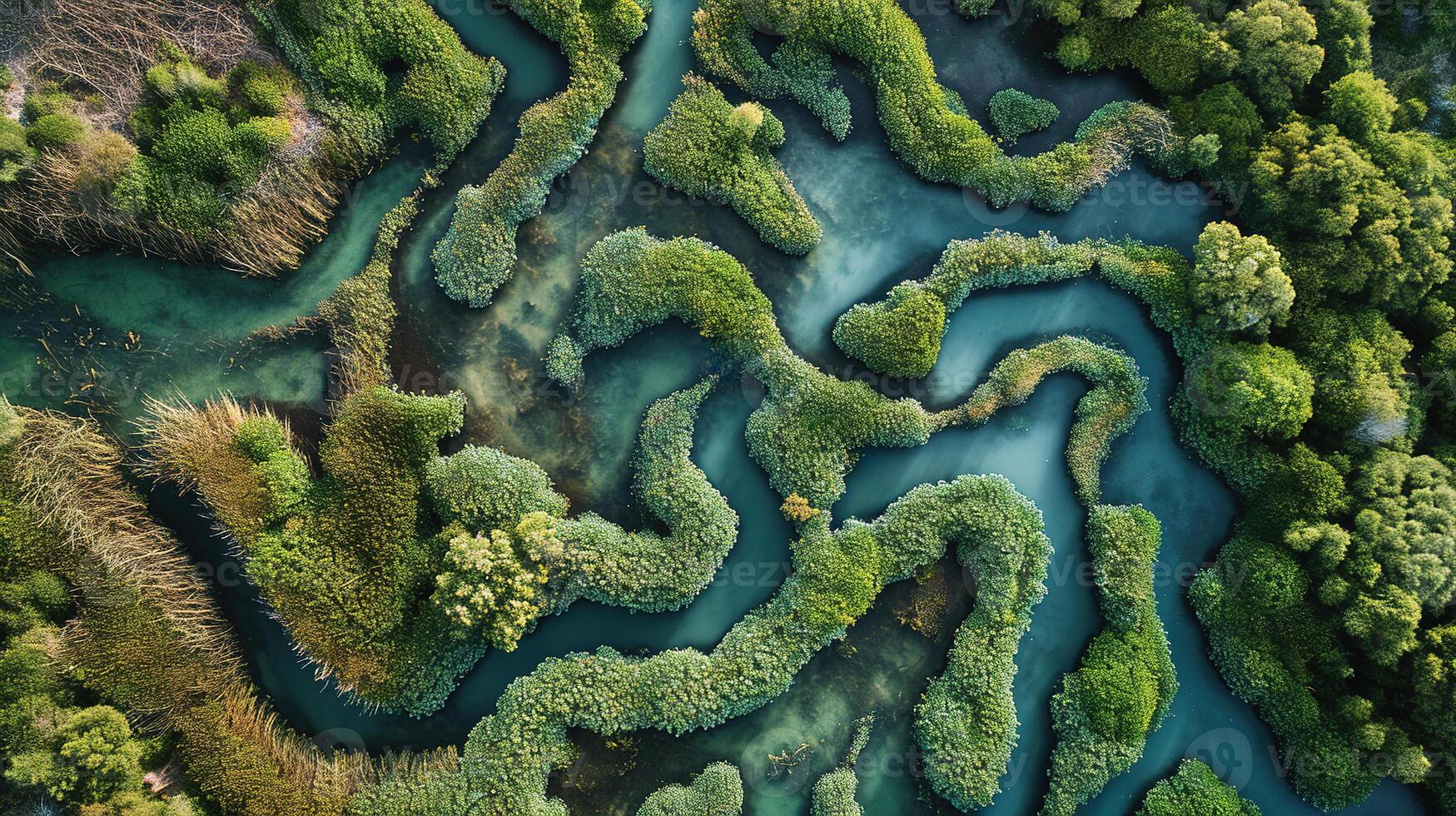 AI generated Generative AI, aerial view of labyrinth waterways, drone photo, beautiful landscape photo
