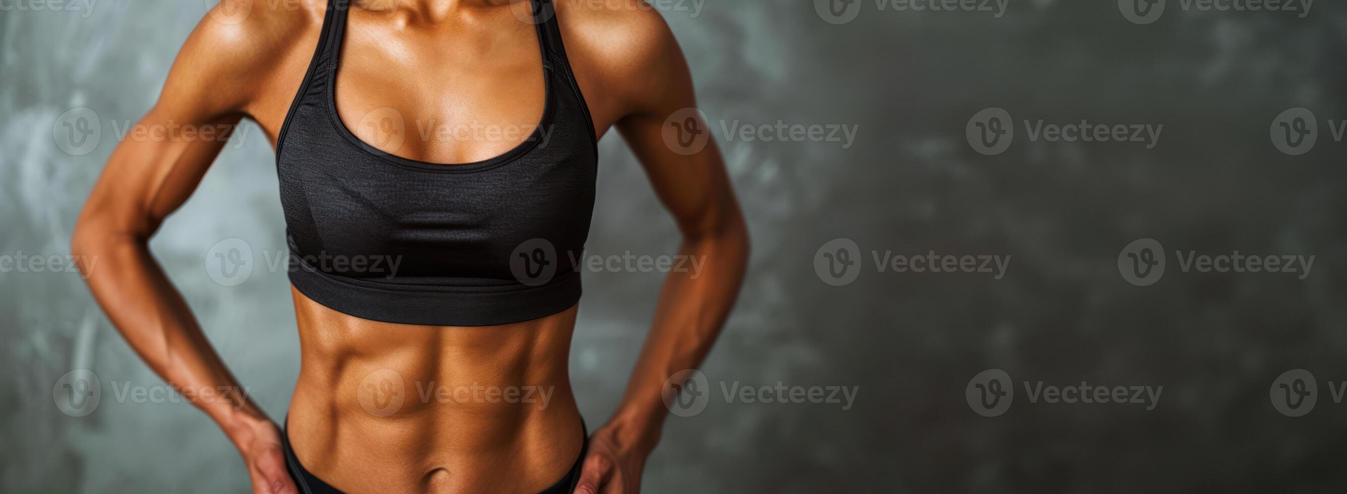 AI generated Generative AI, Sporty woman with great abdominal muscles shows stomach in sportswear on neutral background photo