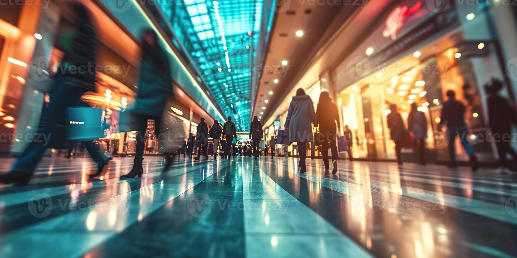 AI generated Generative AI, shopping mall with people, motion blur, blurred abstract background photo