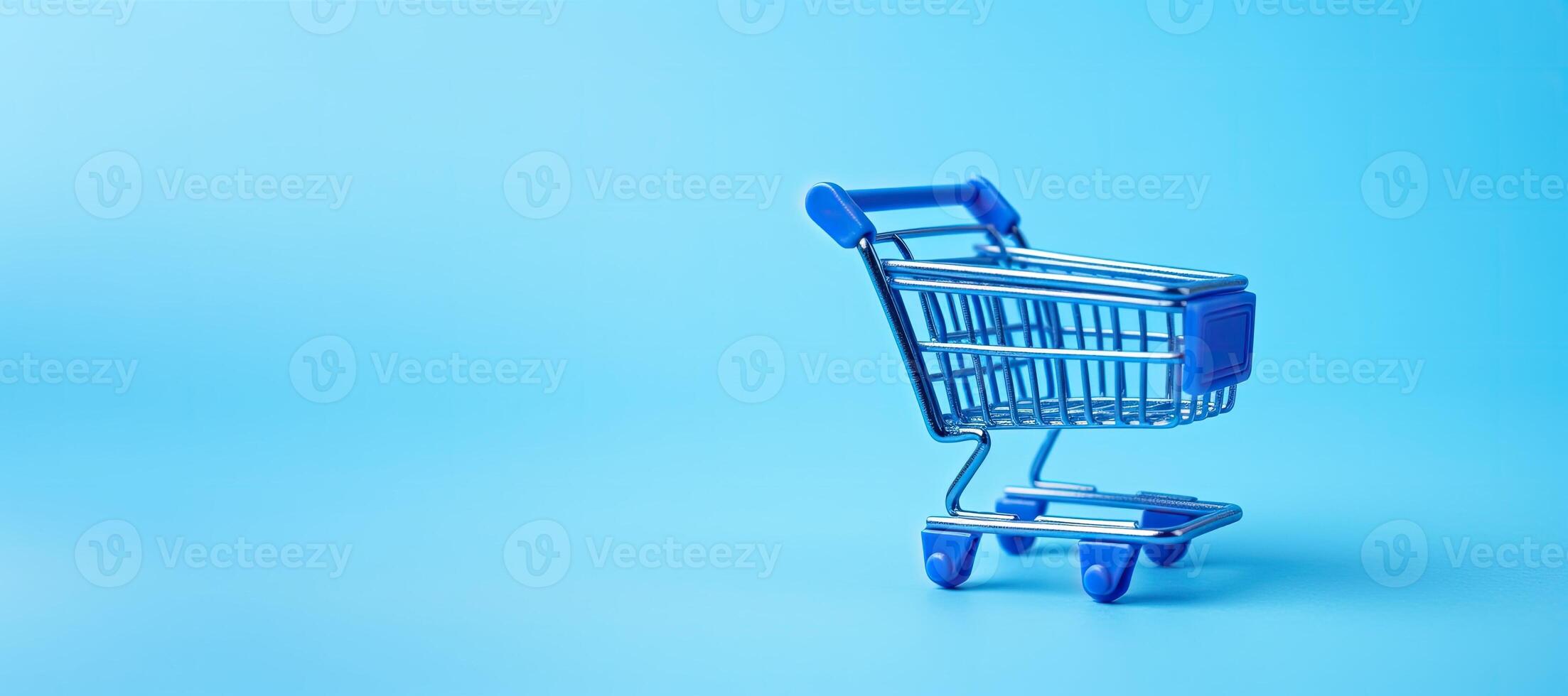 AI generated Generative AI, empty shopping cart on blue background, minimalistic shop online, free delivery, discounts and sale concept. photo