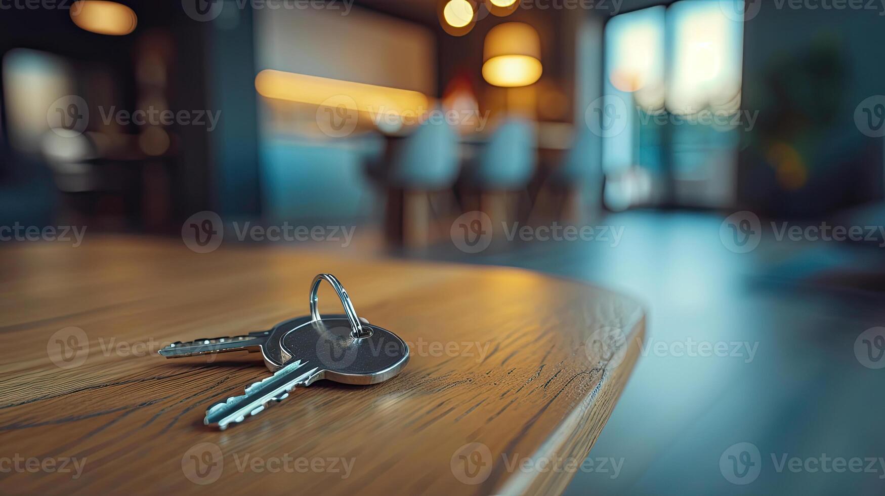 AI generated Generative AI, Keys on the table in new apartment, house or hotel room. photo