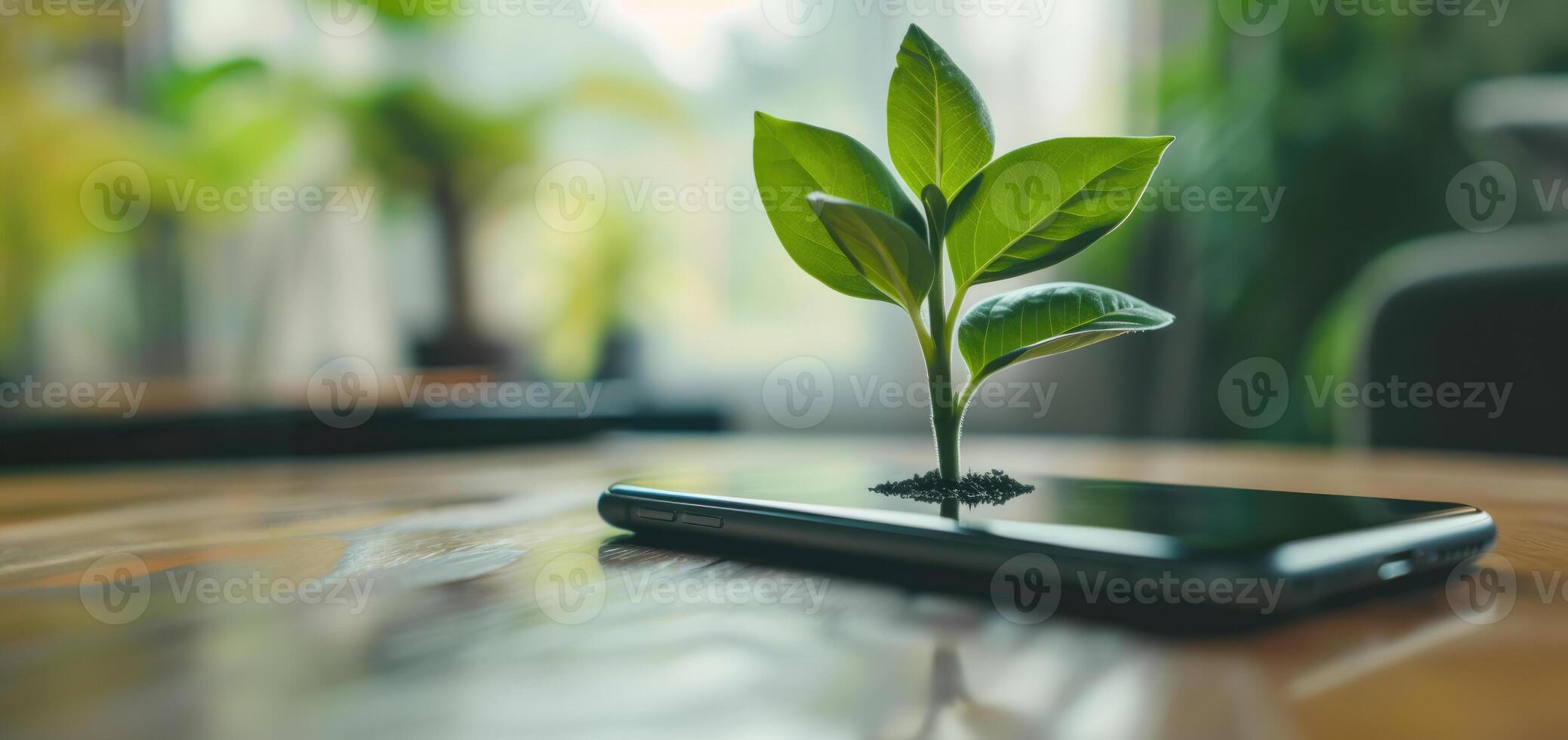 AI generated Generative AI, Plant growing from the smartphone screen. Ecology and environment concept photo
