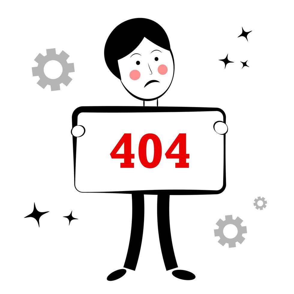 Error 404. A guy with a poster. Doodle vector