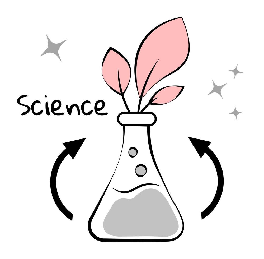 Flask with a plant on a white background. Science. Doodle vector